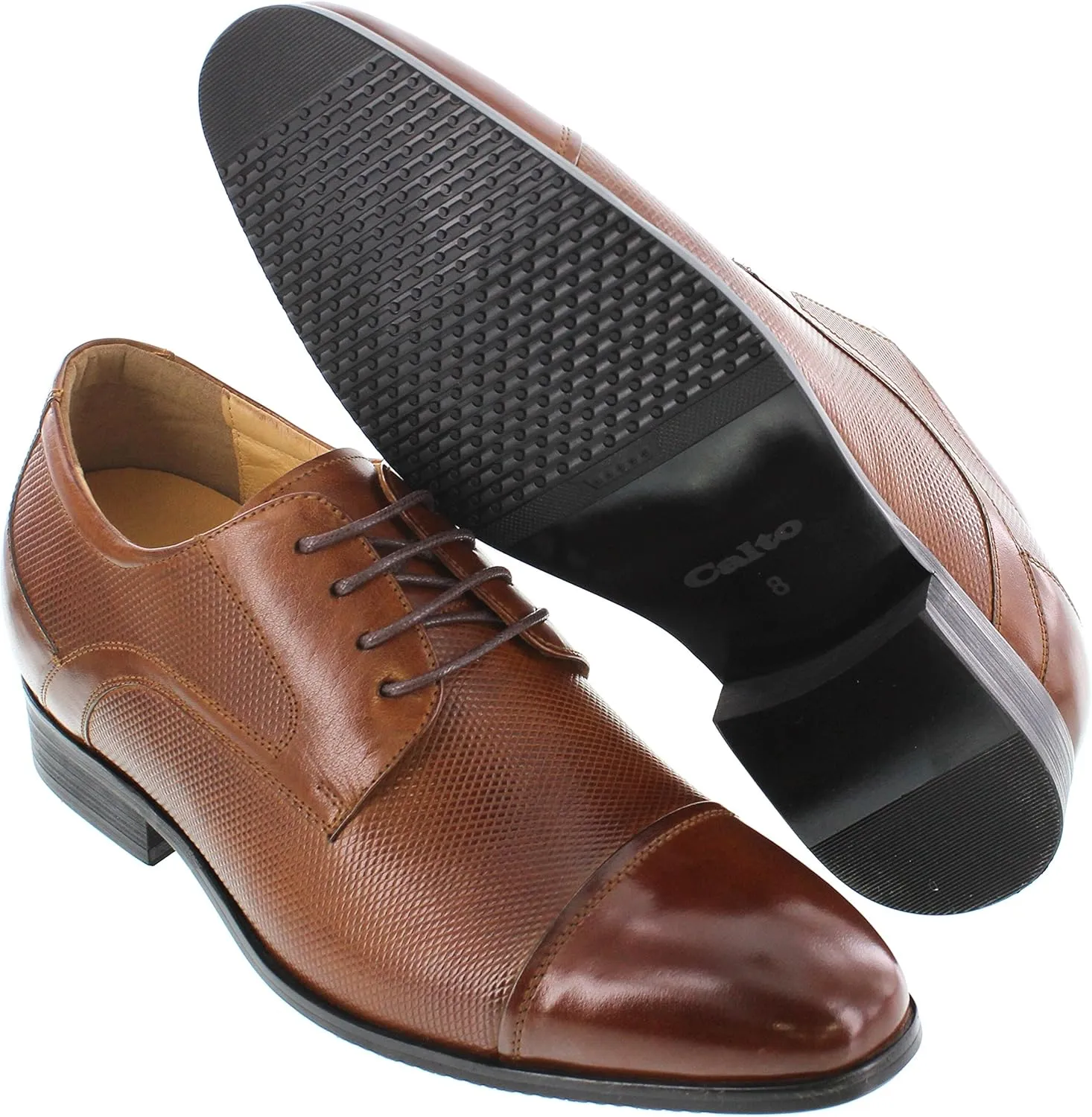 CALTO Men's Invisible Height Increasing Elevator Shoes - Brown Premium Leather Lace-up Formal Oxfords - 3 Inches Taller - Y40201 - Size 12 D(M) US