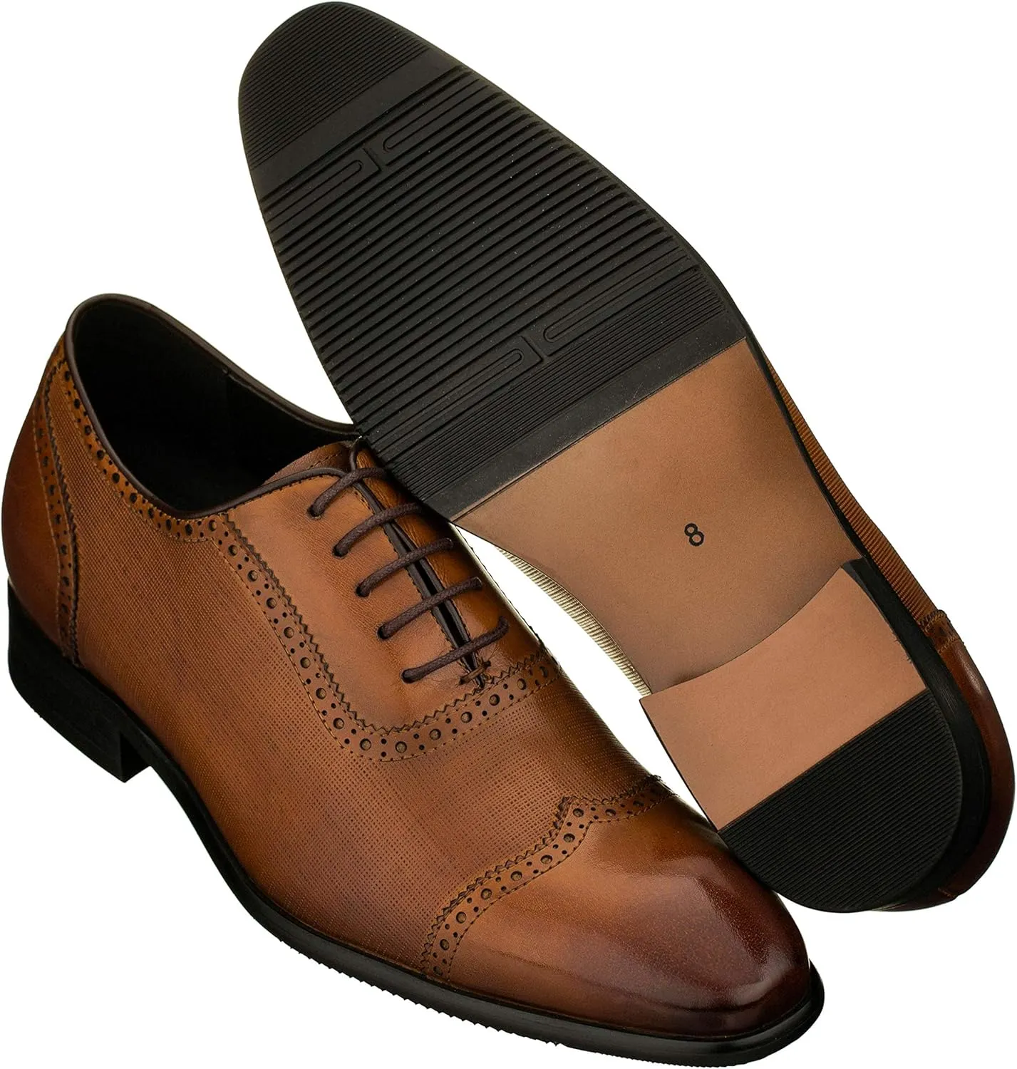 CALTO Men's Invisible Height Increasing Elevator Shoes - Brown Premium Leather Lace-up Wing-tip Formal Oxfords - 2.4 Inches Taller - Y1066 - Size 10 D(M) US