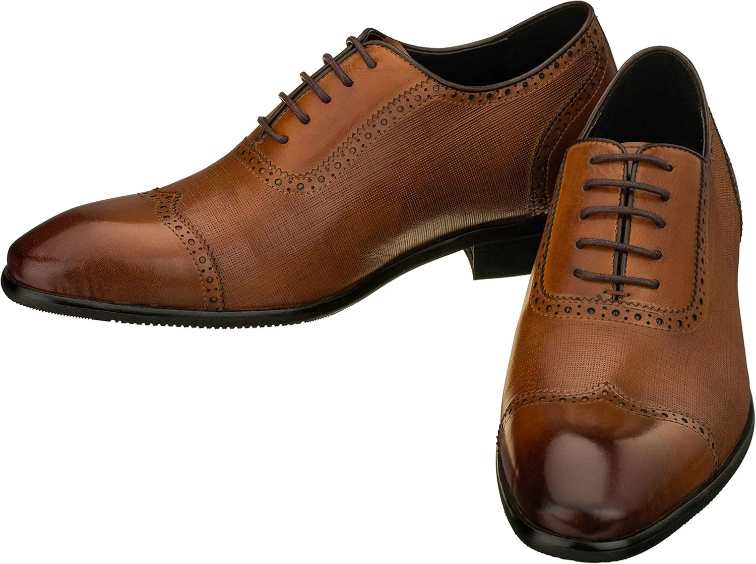 CALTO Men's Invisible Height Increasing Elevator Shoes - Brown Premium Leather Lace-up Wing-tip Formal Oxfords - 2.4 Inches Taller - Y1066 - Size 10 D(M) US