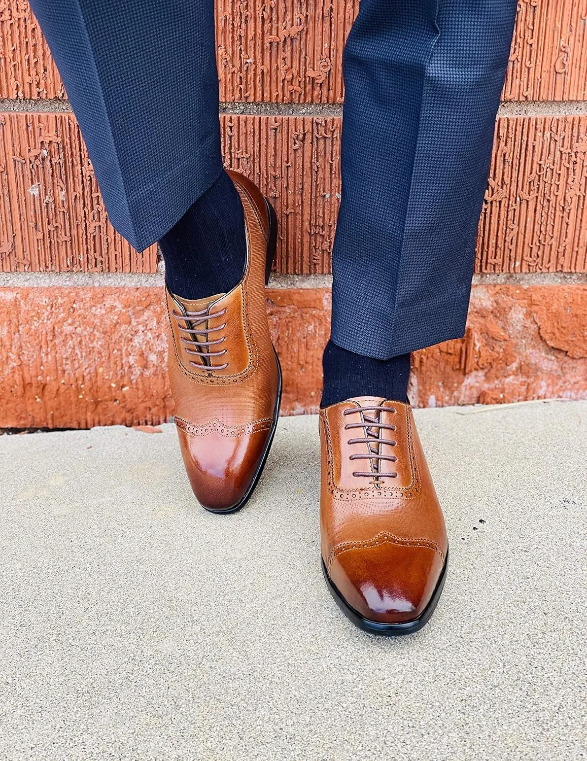 CALTO Men's Invisible Height Increasing Elevator Shoes - Brown Premium Leather Lace-up Wing-tip Formal Oxfords - 2.4 Inches Taller - Y1066 - Size 10 D(M) US