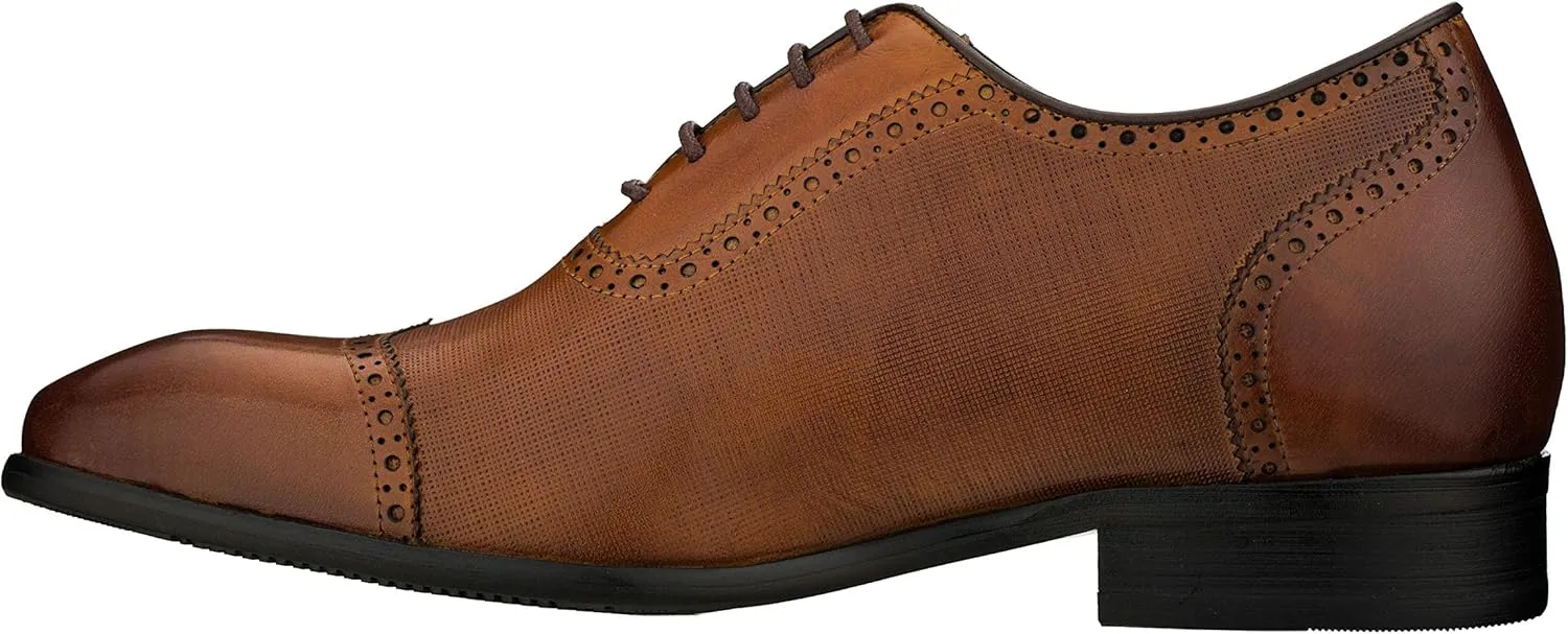 CALTO Men's Invisible Height Increasing Elevator Shoes - Brown Premium Leather Lace-up Wing-tip Formal Oxfords - 2.4 Inches Taller - Y1066 - Size 10 D(M) US