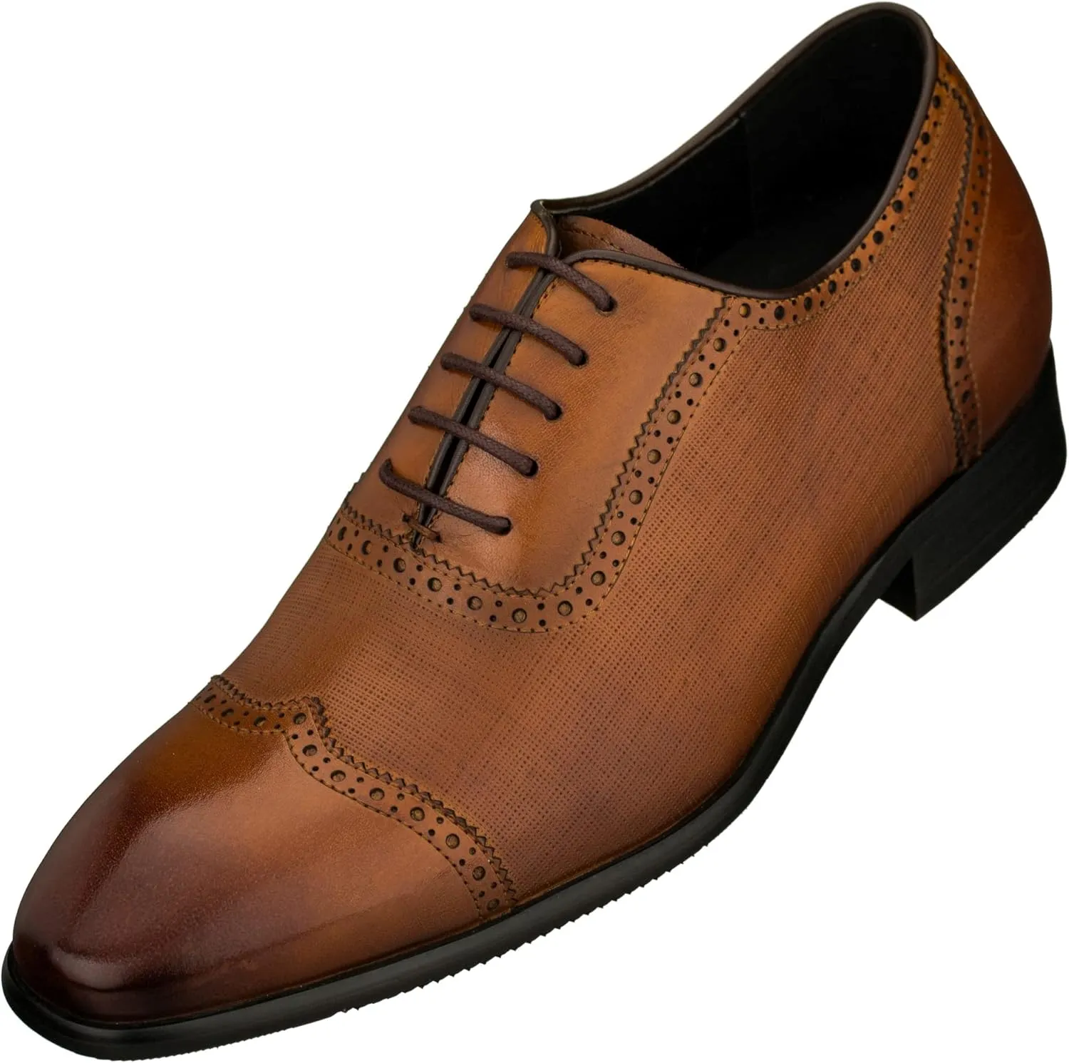 CALTO Men's Invisible Height Increasing Elevator Shoes - Brown Premium Leather Lace-up Wing-tip Formal Oxfords - 2.4 Inches Taller - Y1066 - Size 10 D(M) US