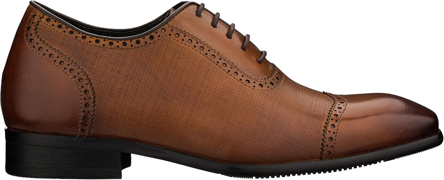 CALTO Men's Invisible Height Increasing Elevator Shoes - Brown Premium Leather Lace-up Wing-tip Formal Oxfords - 2.4 Inches Taller - Y1066 - Size 10 D(M) US