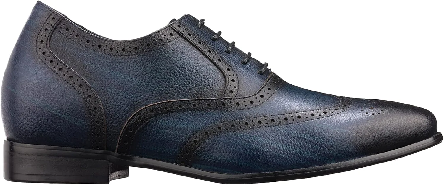CALTO Men's Invisible Height Increasing Elevator Shoes - Dark Blue Premium Leather Lace-up Wing-tip Dress Formal Oxfords - 2.8 Inches Taller - K20812 - Size 9 D(M) US