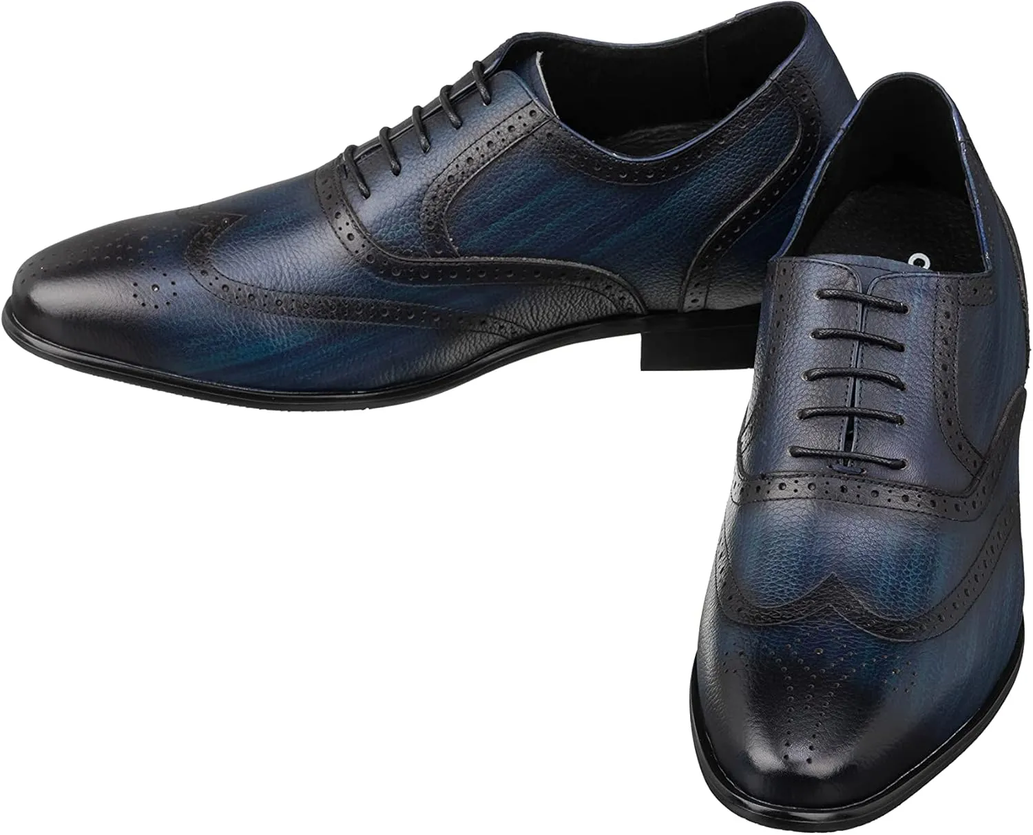 CALTO Men's Invisible Height Increasing Elevator Shoes - Dark Blue Premium Leather Lace-up Wing-tip Dress Formal Oxfords - 2.8 Inches Taller - K20812 - Size 9 D(M) US