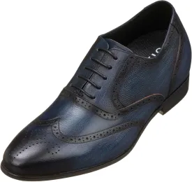 CALTO Men's Invisible Height Increasing Elevator Shoes - Dark Blue Premium Leather Lace-up Wing-tip Dress Formal Oxfords - 2.8 Inches Taller - K20812 - Size 9 D(M) US
