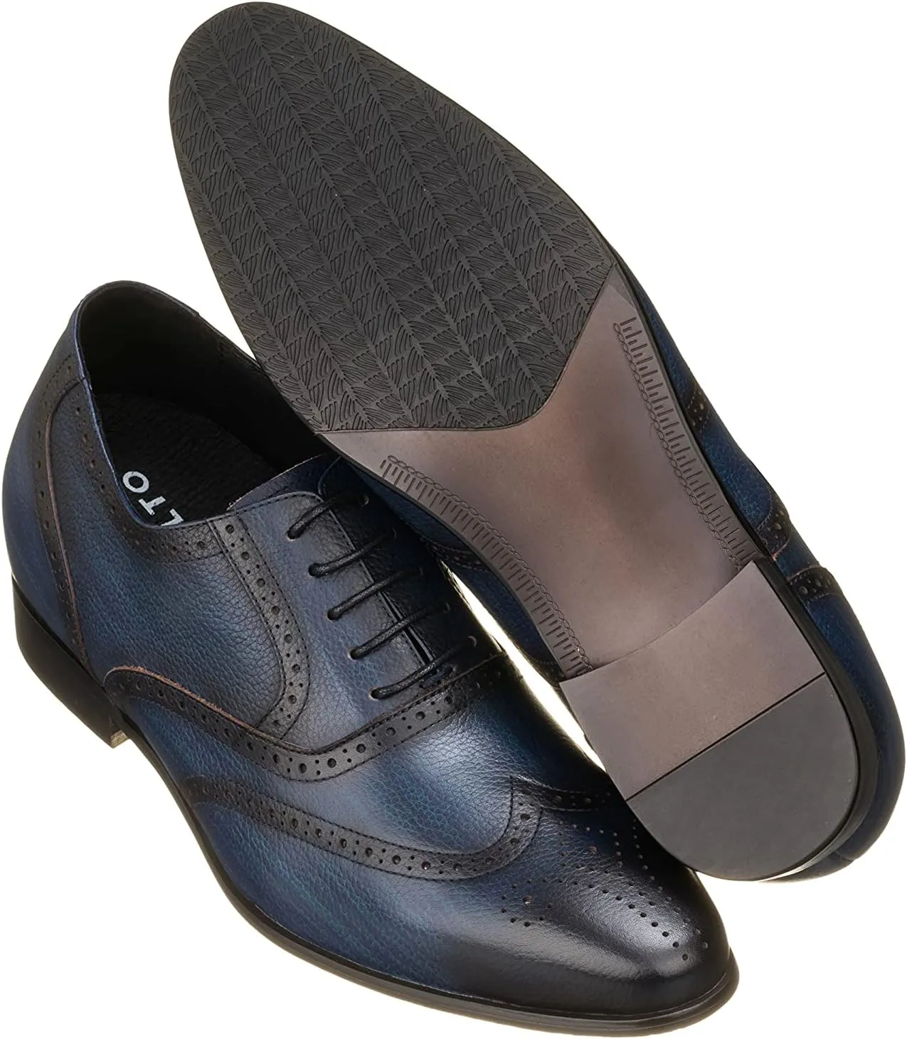 CALTO Men's Invisible Height Increasing Elevator Shoes - Dark Blue Premium Leather Lace-up Wing-tip Dress Formal Oxfords - 2.8 Inches Taller - K20812 - Size 9 D(M) US