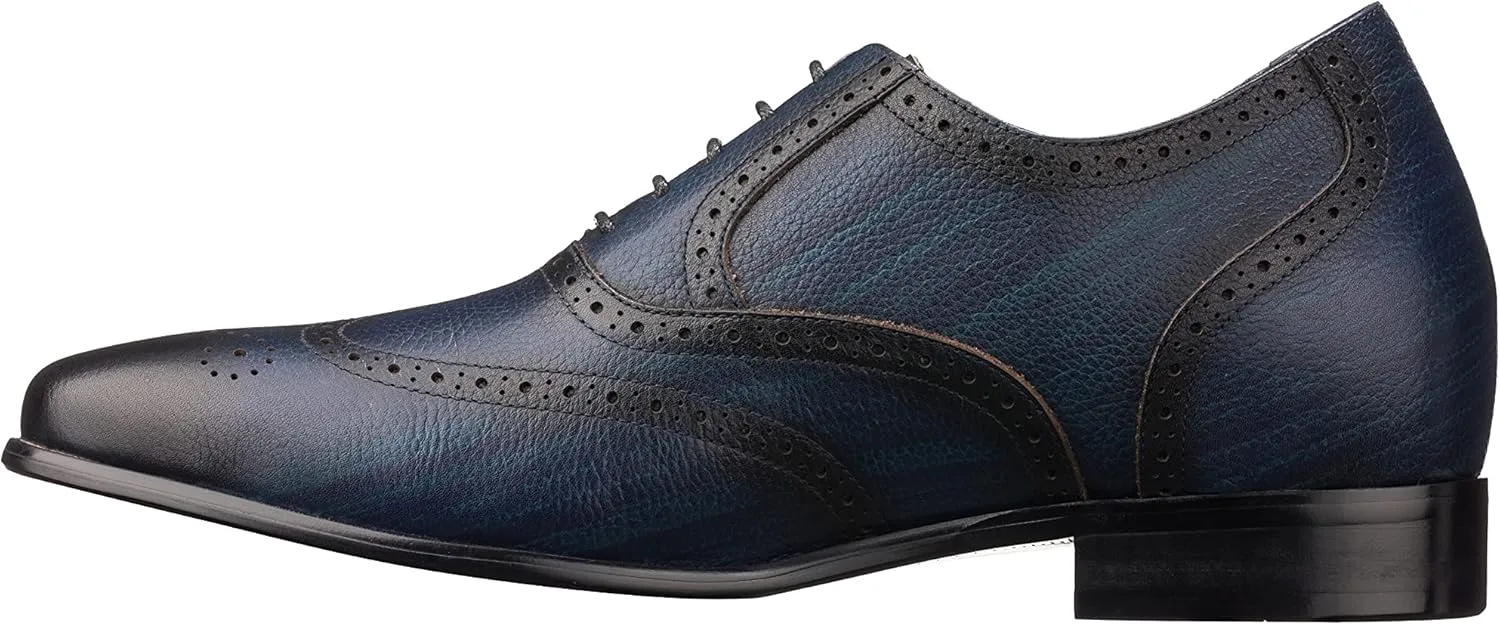 CALTO Men's Invisible Height Increasing Elevator Shoes - Dark Blue Premium Leather Lace-up Wing-tip Dress Formal Oxfords - 2.8 Inches Taller - K20812 - Size 9 D(M) US