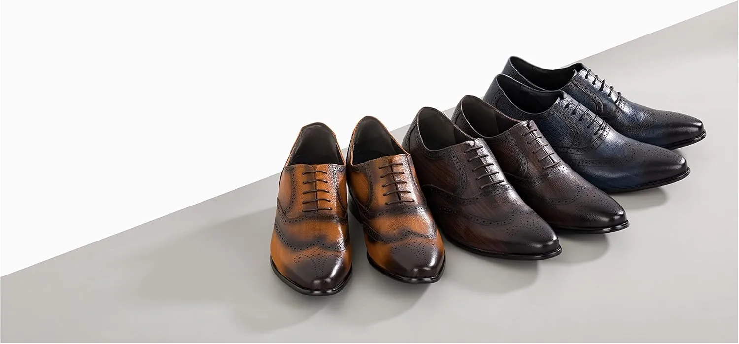 CALTO Men's Invisible Height Increasing Elevator Shoes - Dark Blue Premium Leather Lace-up Wing-tip Dress Formal Oxfords - 2.8 Inches Taller - K20812 - Size 9 D(M) US