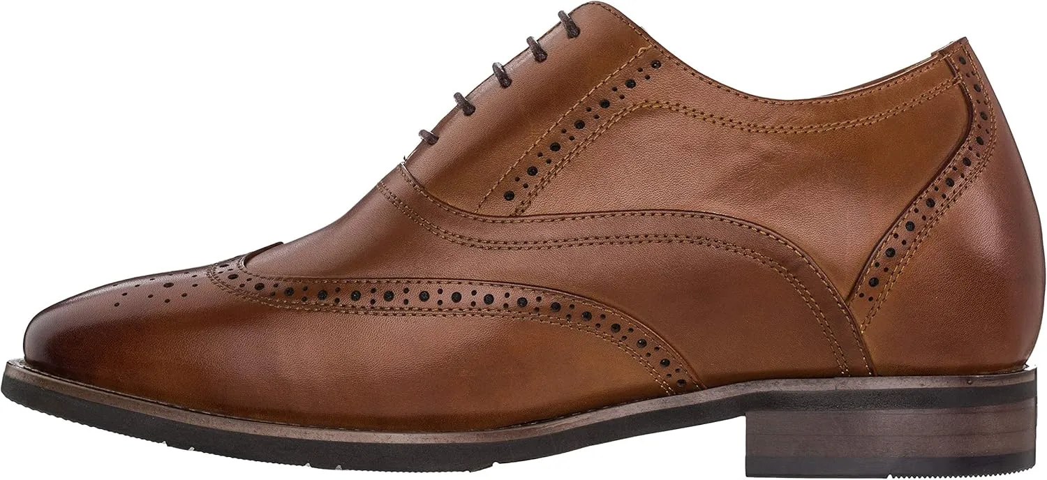 CALTO Men's Invisible Height Increasing Elevator Shoes - Dark Brown Leather Lace-up Brogue Wing-tip Oxfords - 2.6 Inches Taller - G60101 - Size 9 D(M) US