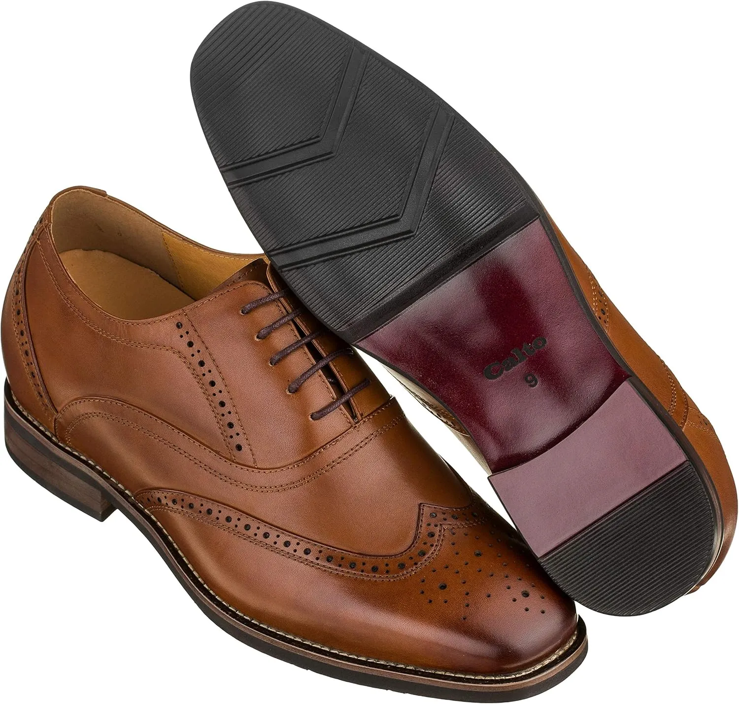 CALTO Men's Invisible Height Increasing Elevator Shoes - Dark Brown Leather Lace-up Brogue Wing-tip Oxfords - 2.6 Inches Taller - G60101 - Size 9 D(M) US