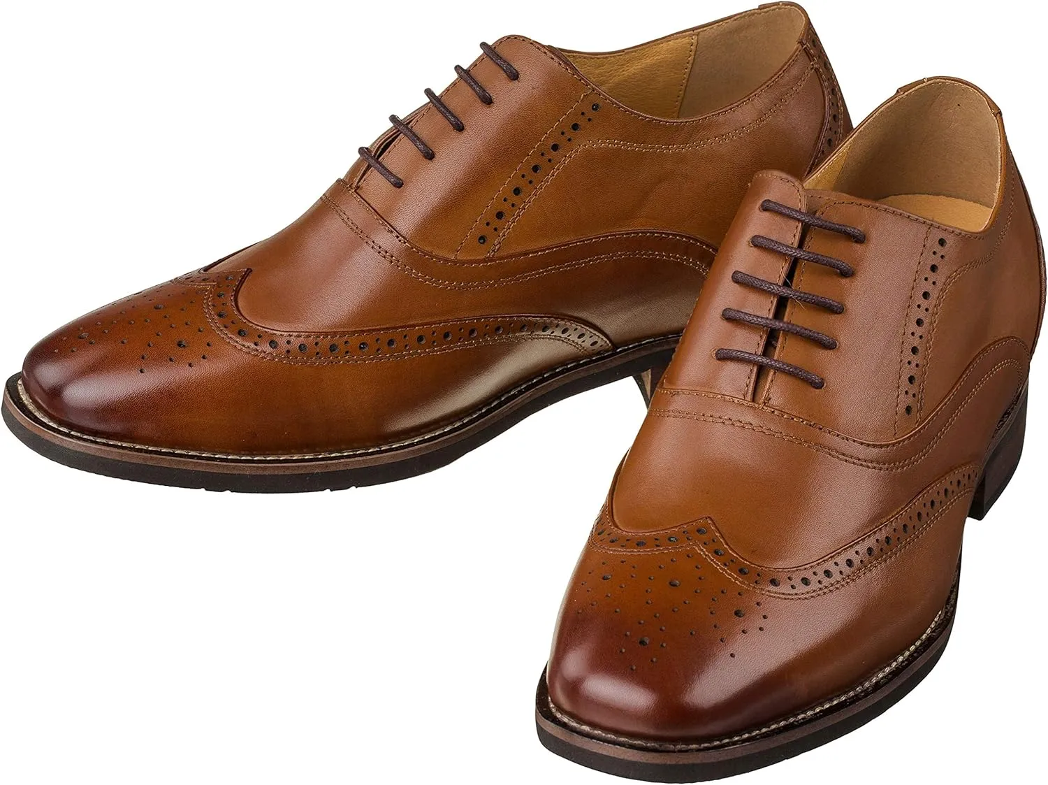 CALTO Men's Invisible Height Increasing Elevator Shoes - Dark Brown Leather Lace-up Brogue Wing-tip Oxfords - 2.6 Inches Taller - G60101 - Size 9 D(M) US