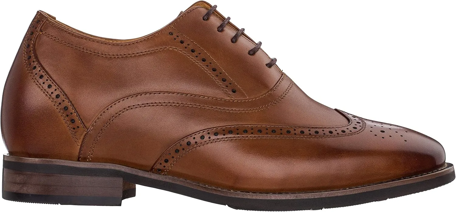 CALTO Men's Invisible Height Increasing Elevator Shoes - Dark Brown Leather Lace-up Brogue Wing-tip Oxfords - 2.6 Inches Taller - G60101 - Size 9 D(M) US