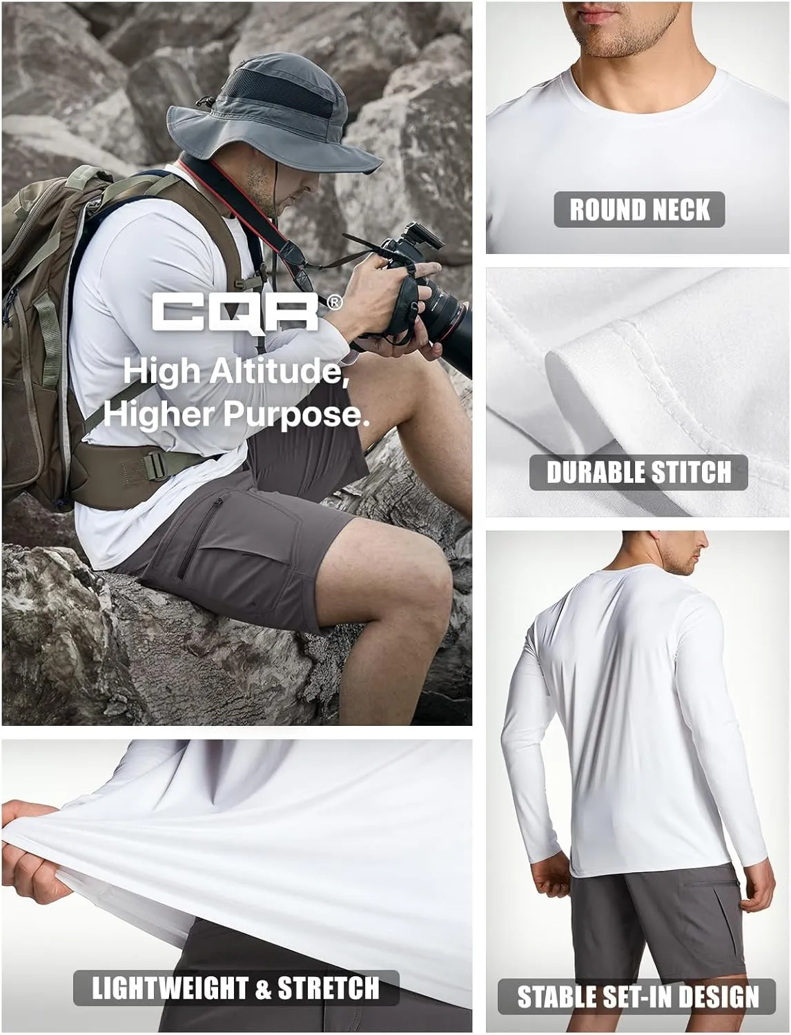 CQR Men's UPF50  Sun Protection Shirts, Quick Dry Long Sleeve Rash Guard, Athletic Running Workout Fishing Cooling Shirts