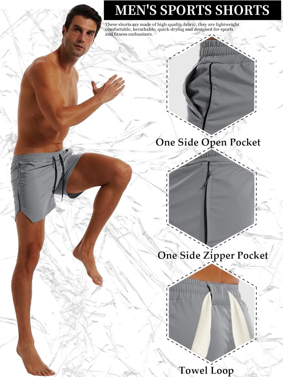 FLYFIREFLY Men's Gym Workout Shorts Quick Dry Lightweight Athletic Shorts Running Bodybuilding Training with Towel Loop