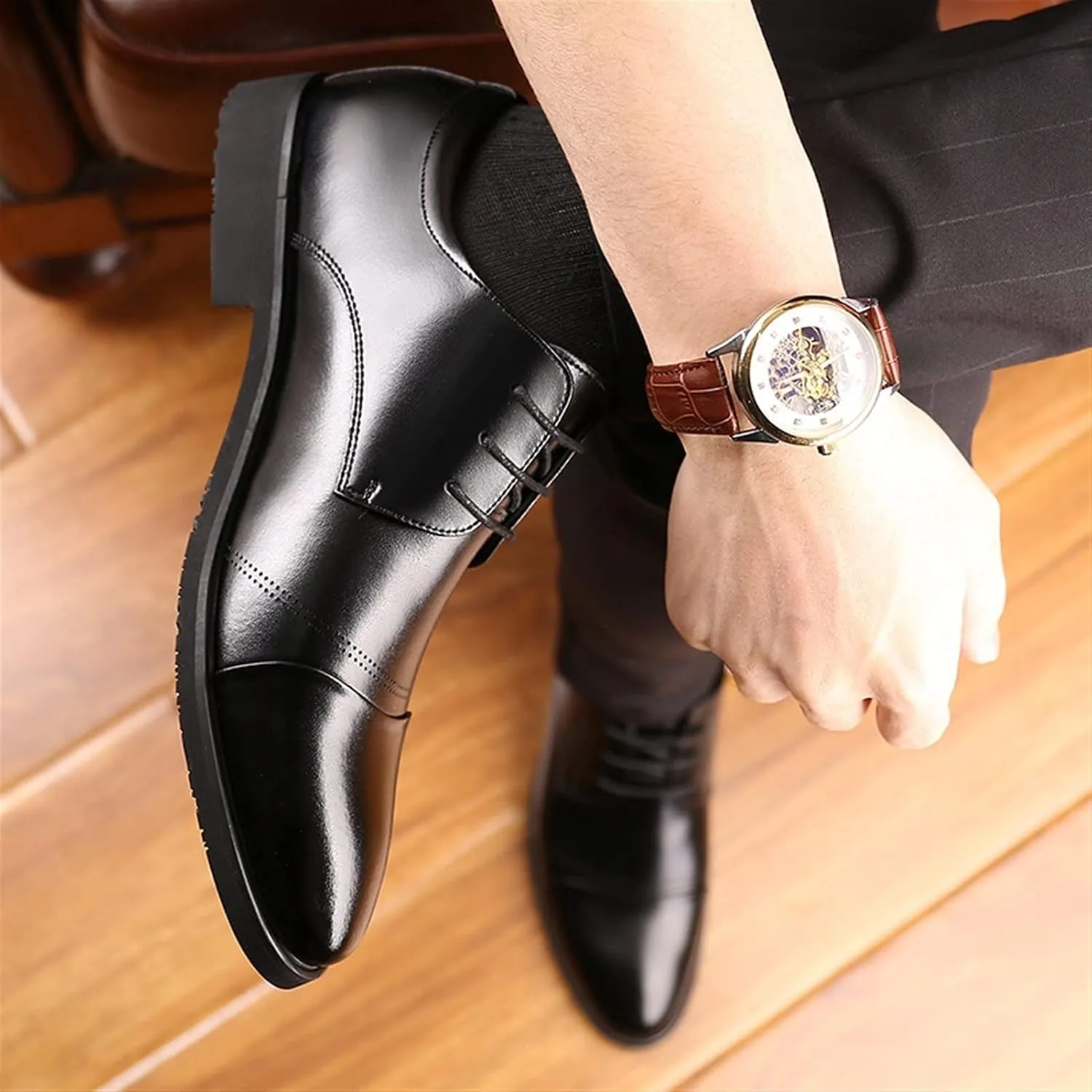 Formal Shoes Dress Oxford for Men Lace Up Height Increasing Elevator 2.3inch Round Cap Toe Leather Block Heel Anti-Slip Rubber Sole Low Top Prom Suitable for Many Occasions.