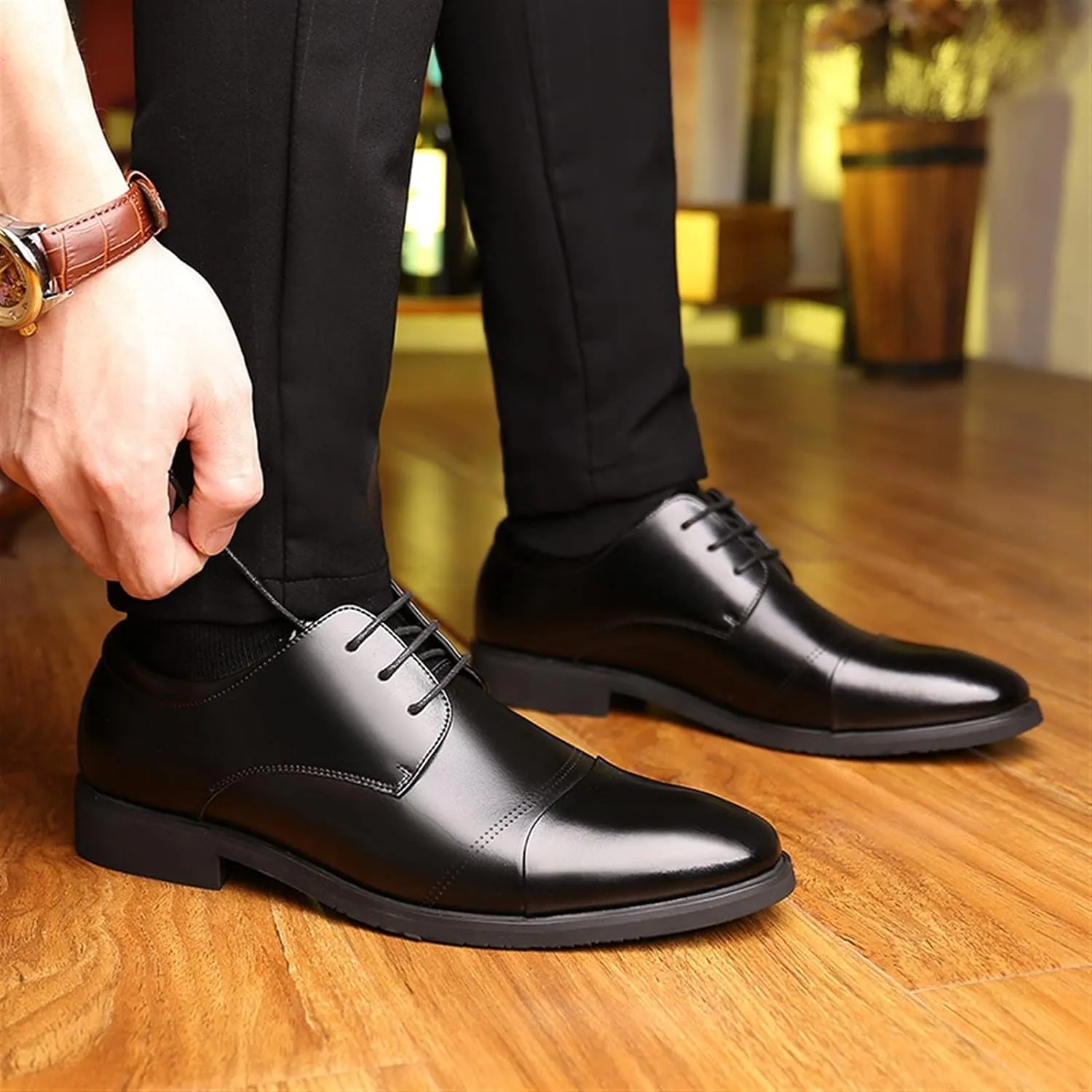 Formal Shoes Dress Oxford for Men Lace Up Height Increasing Elevator 2.3inch Round Cap Toe Leather Block Heel Anti-Slip Rubber Sole Low Top Prom Suitable for Many Occasions.