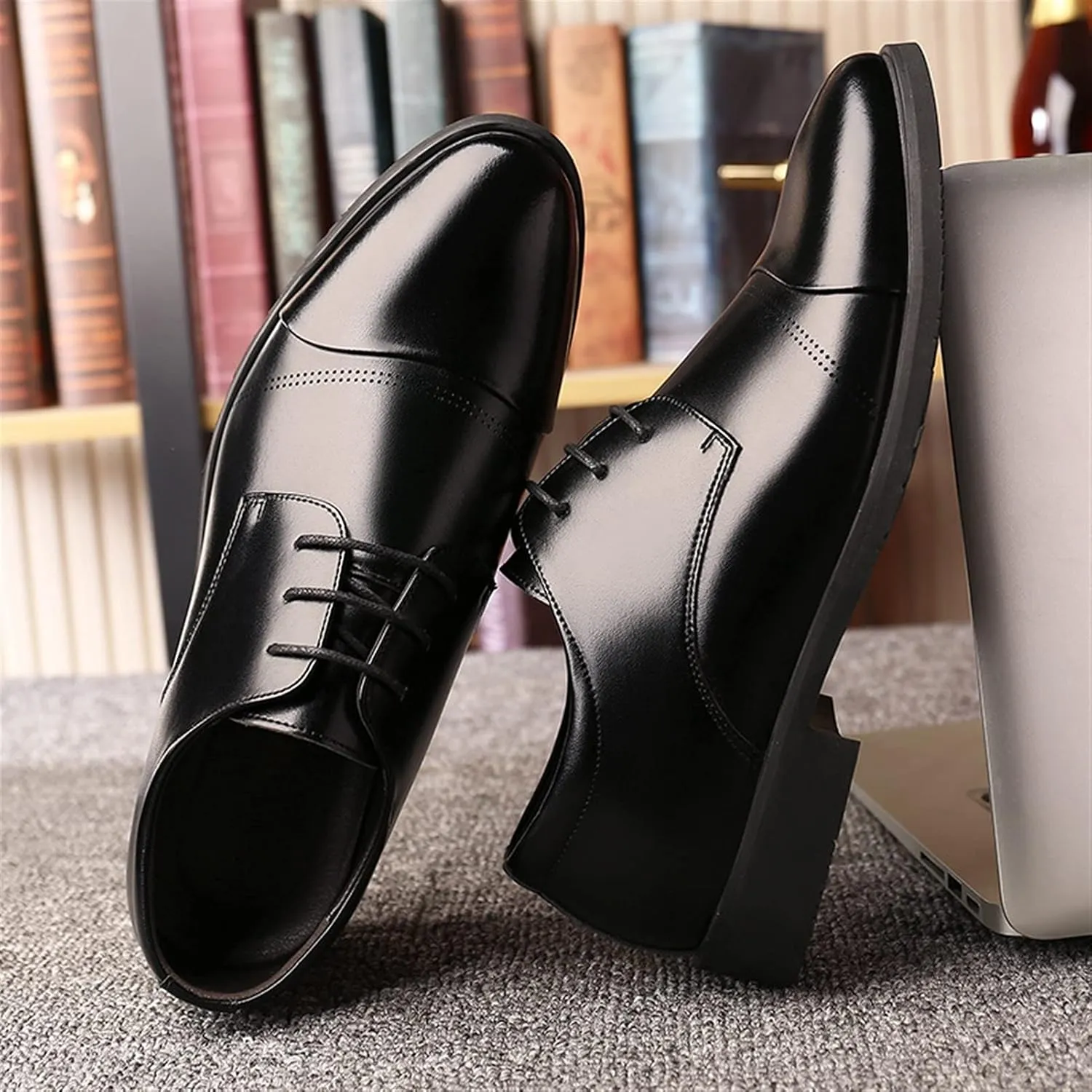 Formal Shoes Dress Oxford for Men Lace Up Height Increasing Elevator 2.3inch Round Cap Toe Leather Block Heel Anti-Slip Rubber Sole Low Top Prom Suitable for Many Occasions.