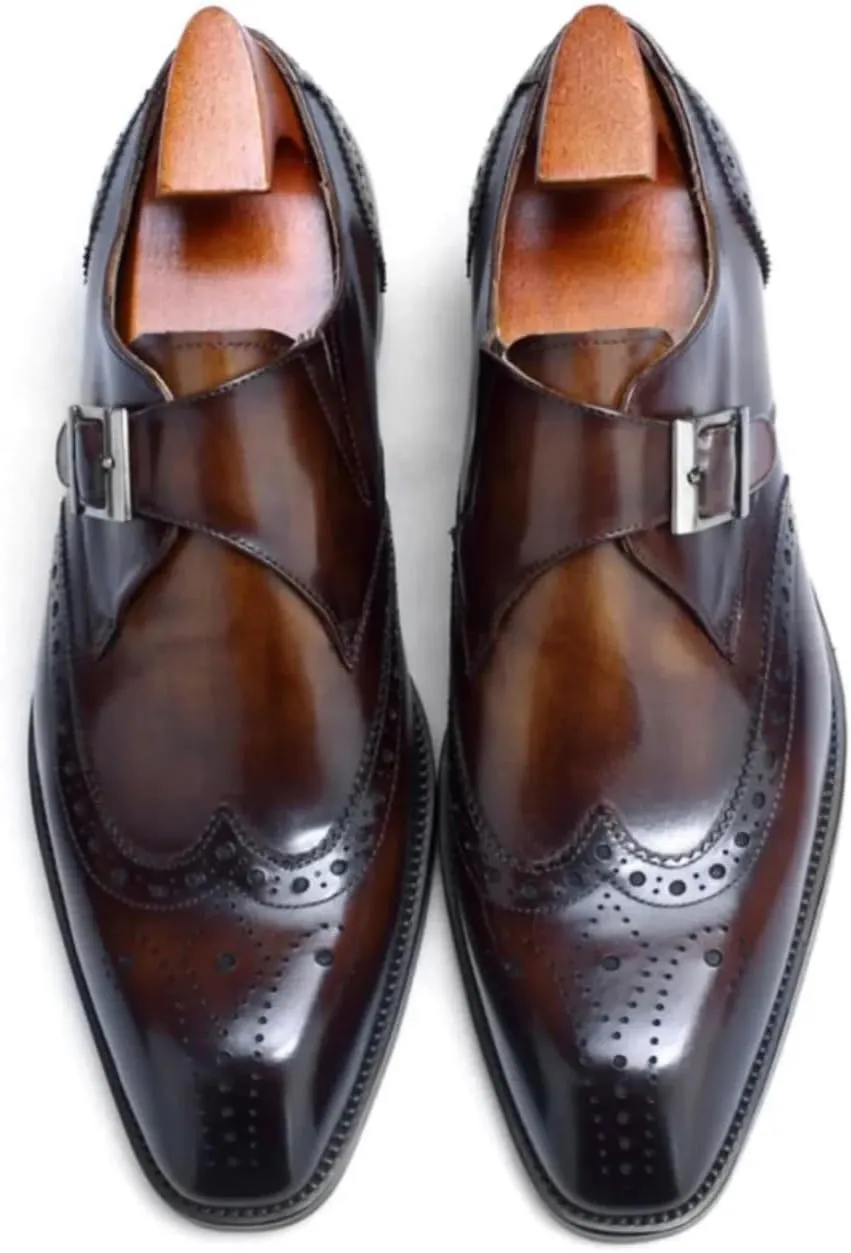 Full Grain Leather Mens Monk Strap Dress Shoes  Semi Square Toe, Patina Finishing, Leather Insole, Solid Rubber Sole  Comfortable & Durable Formal Shoes, US Sizes 7-11
