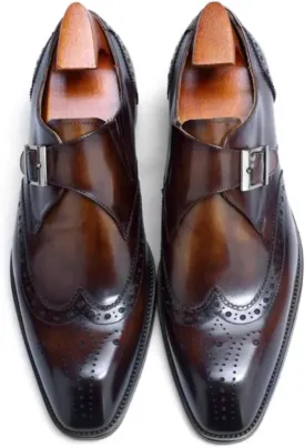 Full Grain Leather Mens Monk Strap Dress Shoes  Semi Square Toe, Patina Finishing, Leather Insole, Solid Rubber Sole  Comfortable & Durable Formal Shoes, US Sizes 7-11