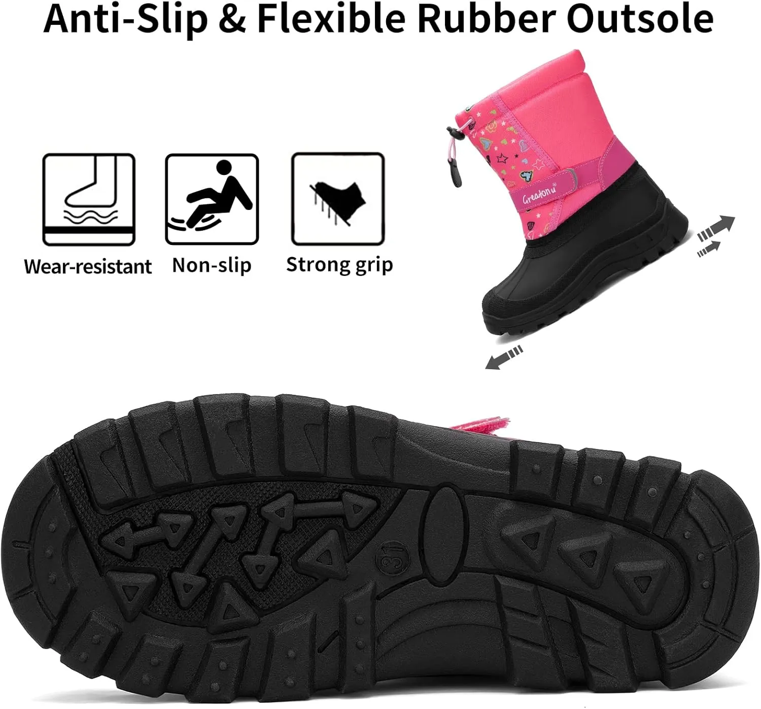 Greatonu Kids Snow Boots Waterproof Boys Girls Winter Boots Mid Calf Insulated Duck Boots