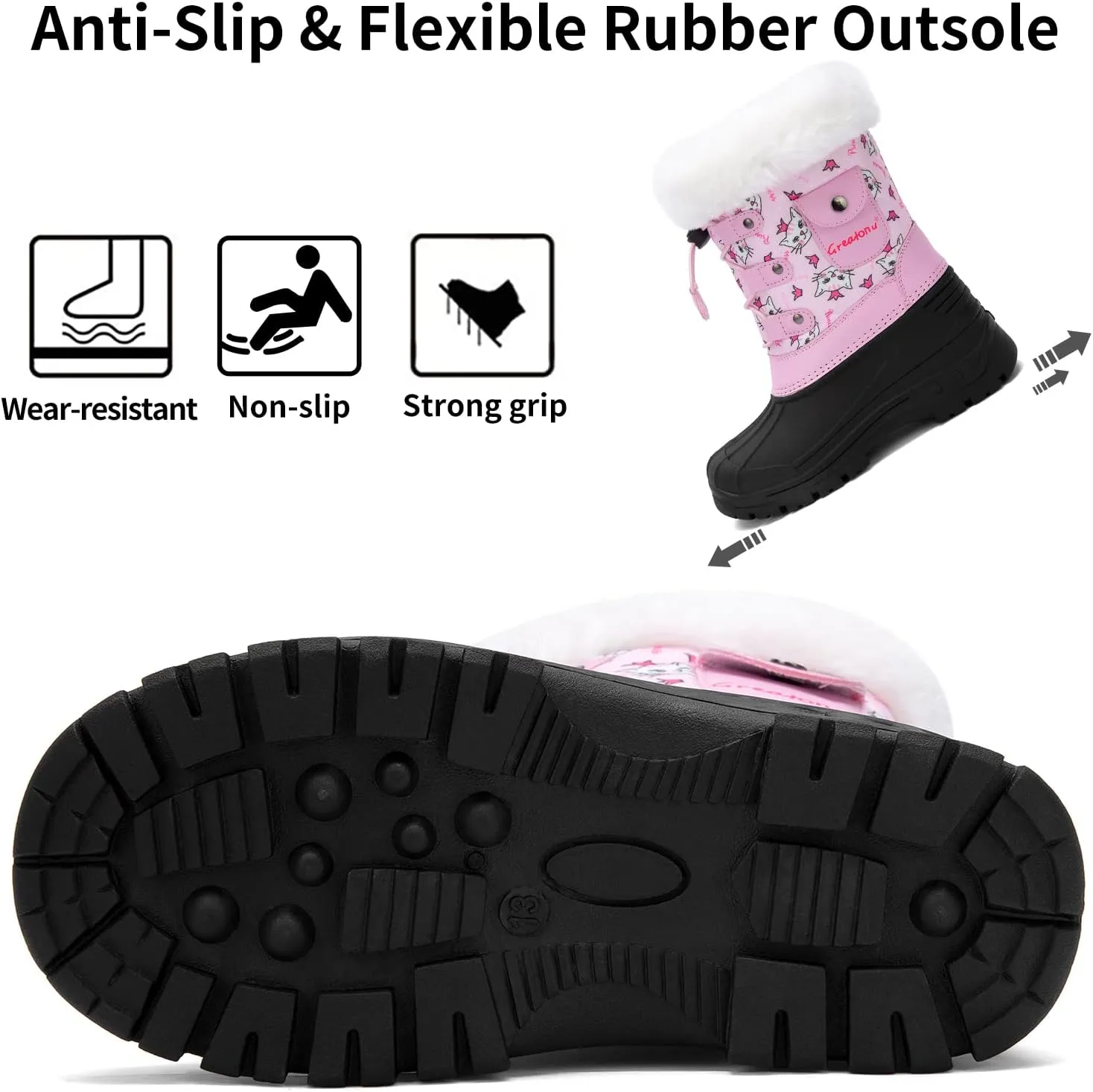 Greatonu Kids Snow Boots Waterproof Boys Girls Winter Boots Mid Calf Insulated Duck Boots