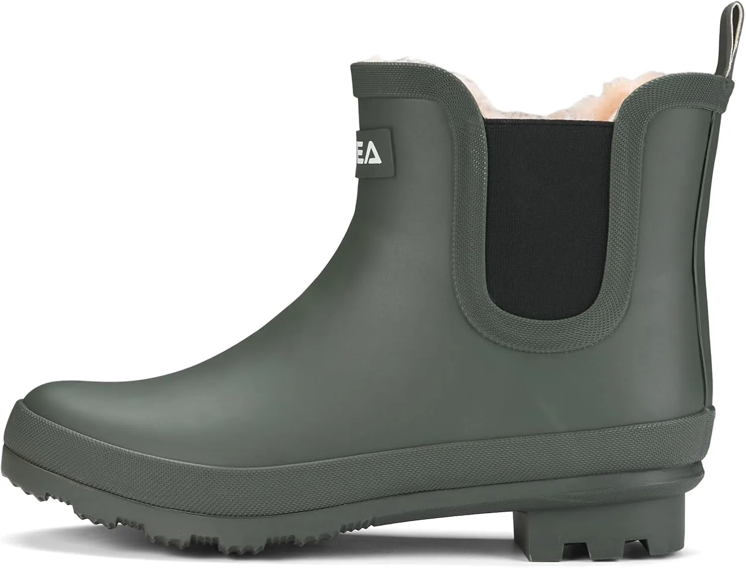 HISEA Women's Plush Rain Boots Waterproof, Chelsea Rubber Booties Women, Ladies Ankle Boots for Winter Spring Garden Outdoor