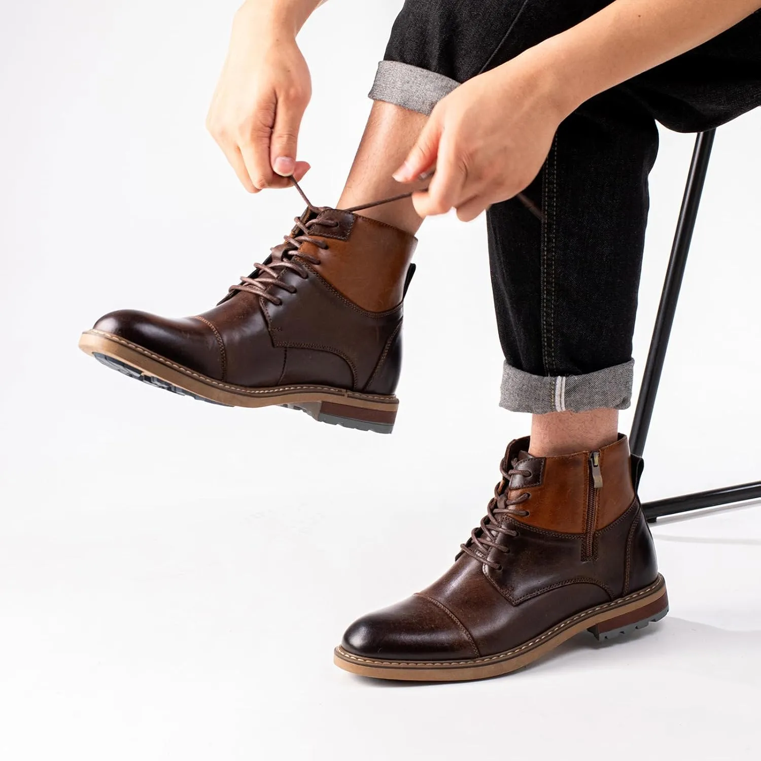 Holy dove Mens Oxford Leather Dress Boots Cap Toe Side Zip Fashion Mid Top Chukka Ankle Boots for Men