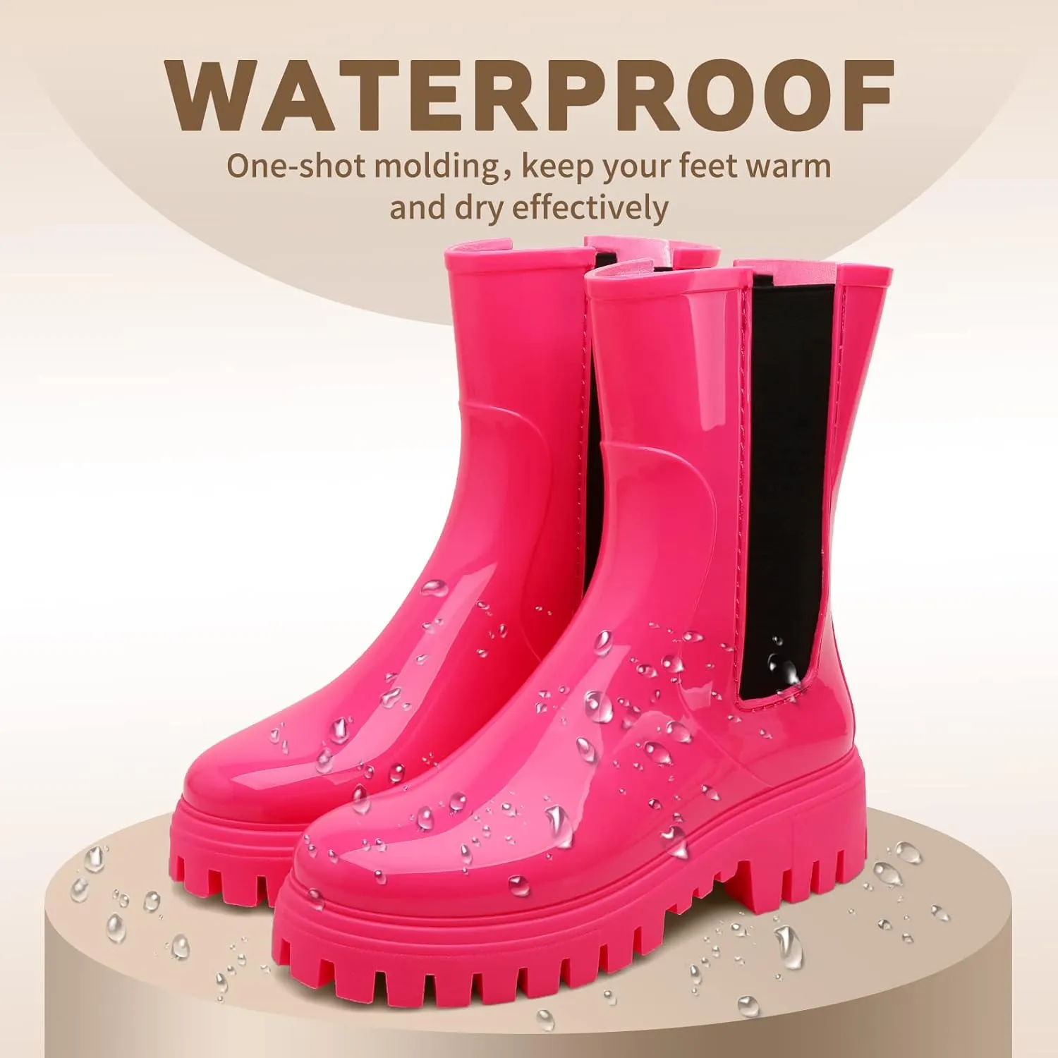 Hsttgsr Rain Boots for Women, Waterproof PVC Rubber Garden Boots Womens Chelsea Boots Short Platfrom Rain Boots, Anti-Slip Elastic Slip On Rainboots Garden Rain Shoes for Yard Farm Outdoor Work