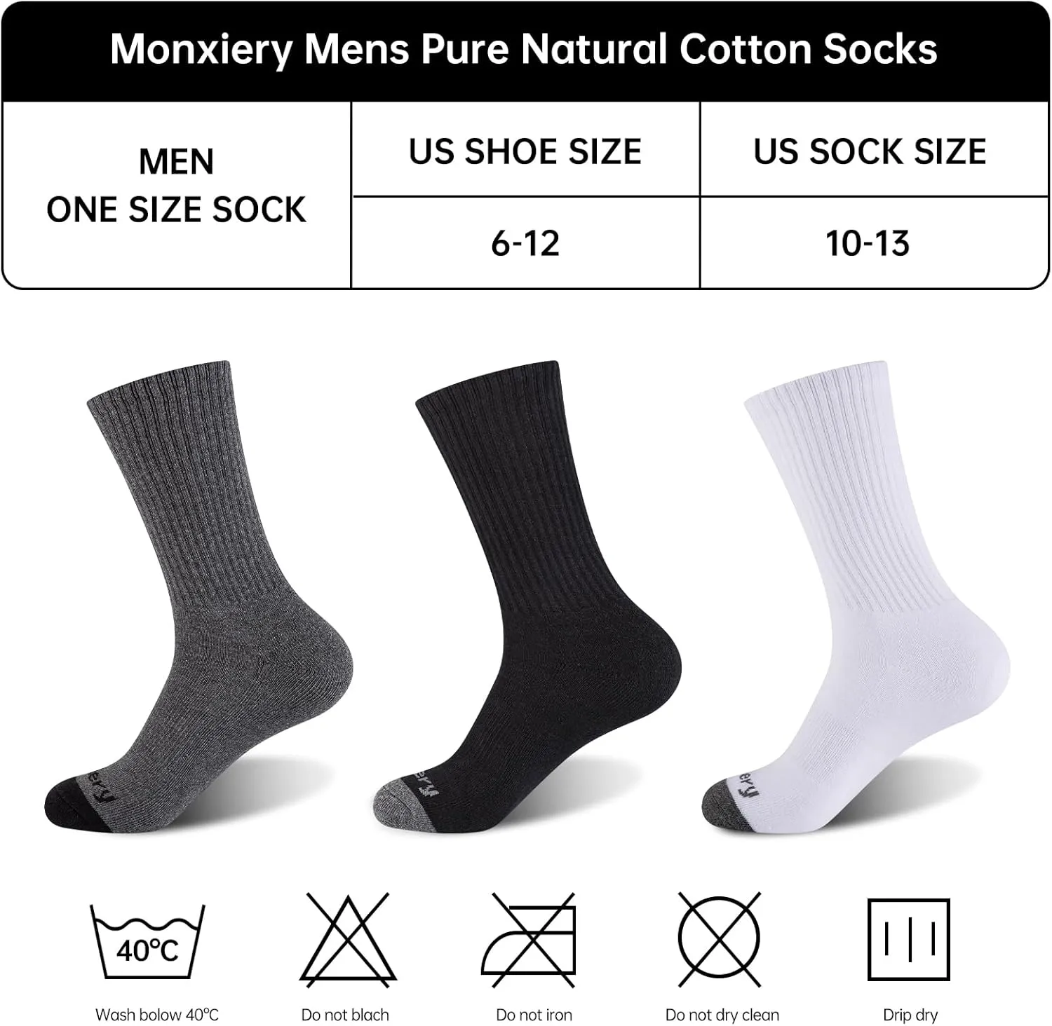 Mens 100% Cotton Moisture Wicking Cushioned Crew Socks, Athletic Performance Work socks