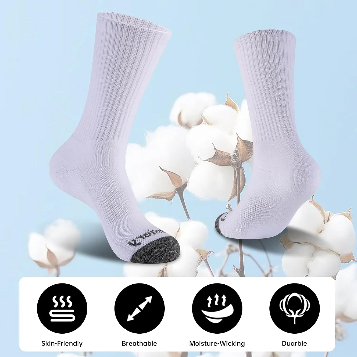 Mens 100% Cotton Moisture Wicking Cushioned Crew Socks, Athletic Performance Work socks