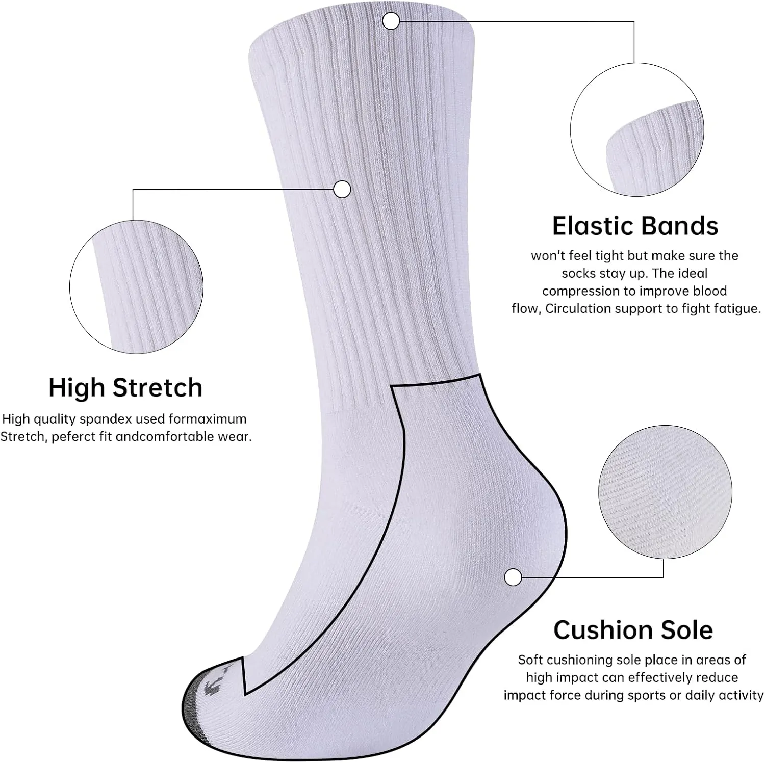 Mens 100% Cotton Moisture Wicking Cushioned Crew Socks, Athletic Performance Work socks