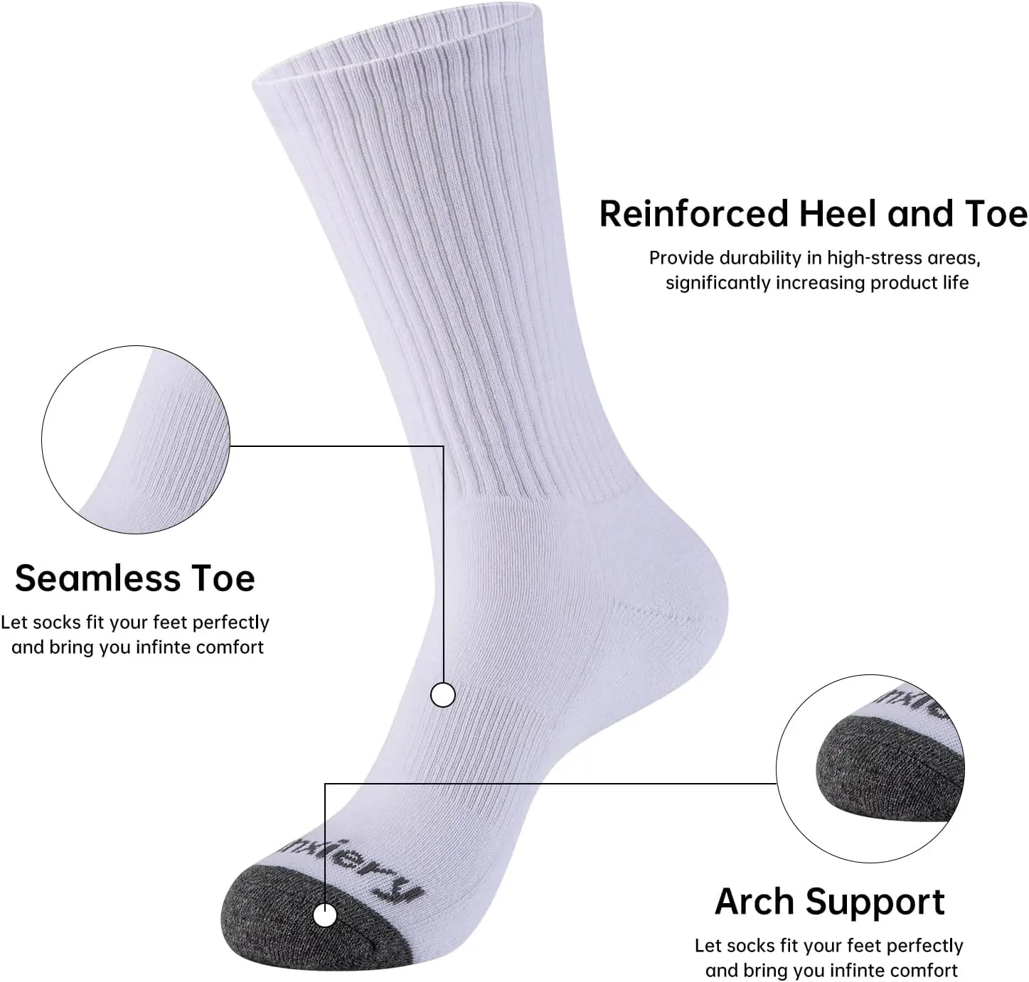 Mens 100% Cotton Moisture Wicking Cushioned Crew Socks, Athletic Performance Work socks