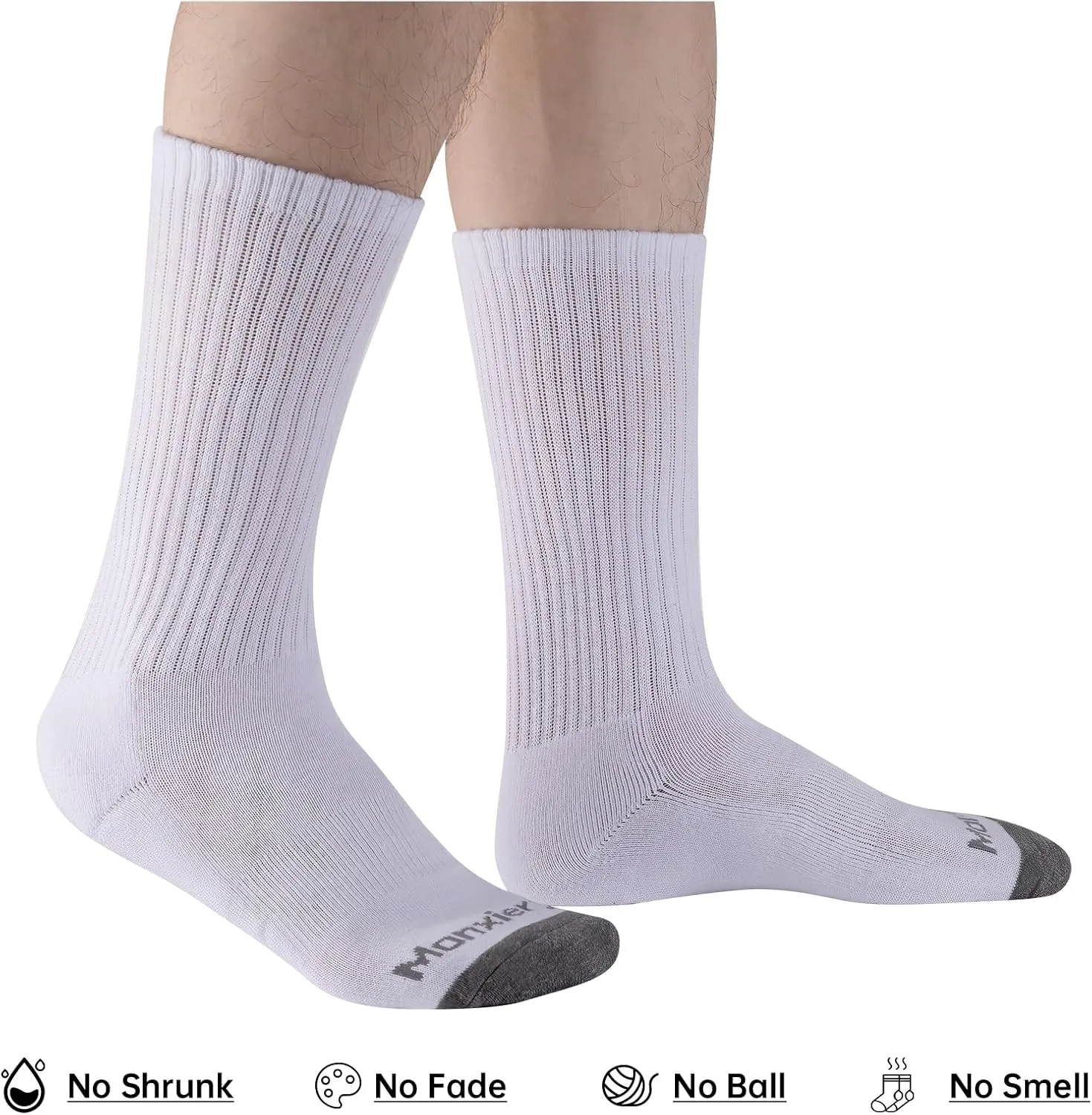 Mens 100% Cotton Moisture Wicking Cushioned Crew Socks, Athletic Performance Work socks