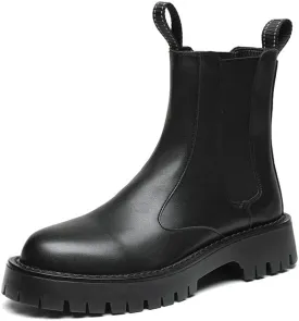 Men's Leather Platform Chelsea Boots Lug Sole Chunky Heel Brogue Dress Ankle Boots Round Toe Retro Slip-On Oxfords Boot