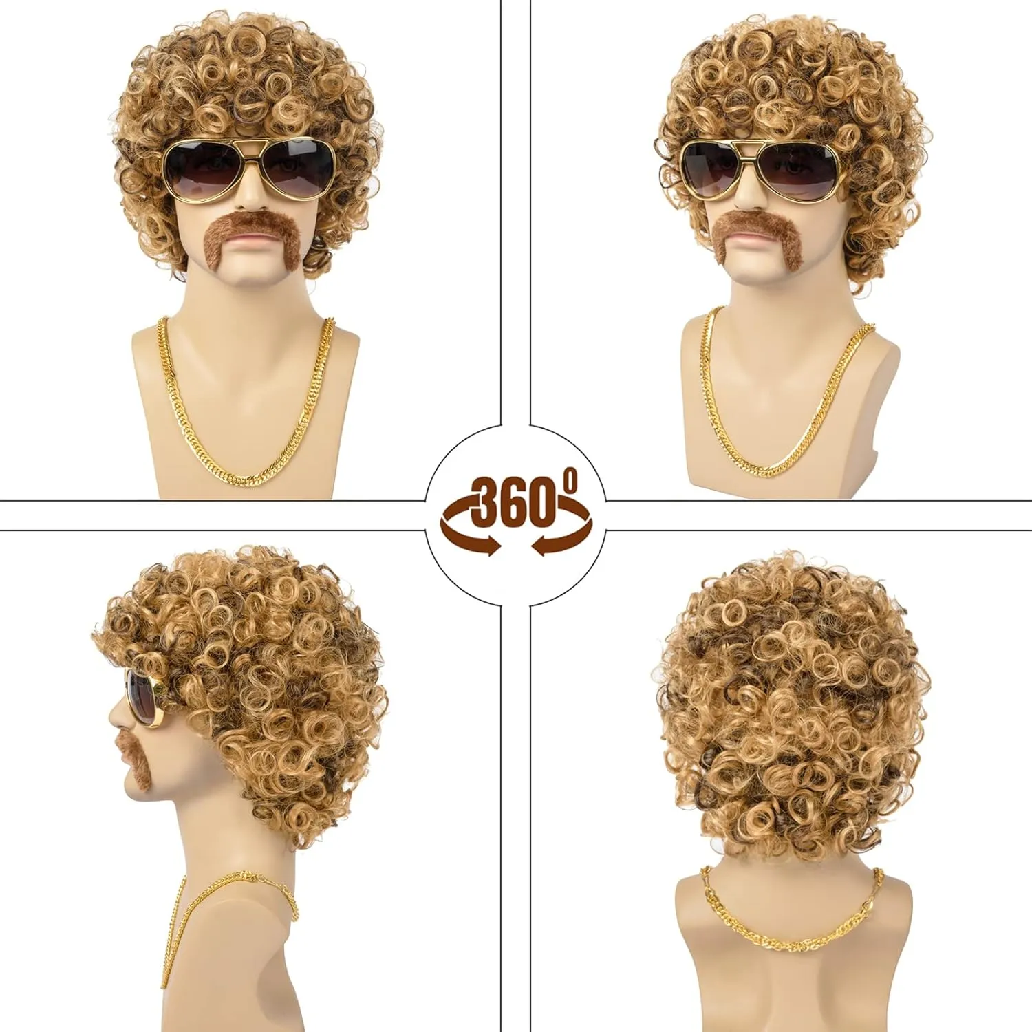 Mens Wigs, 70s Disco Wig for Men Short Curly Blonde Mixed Brown Synthetic hair Wigs for Halloween Costume Chrismas Cosplay Party (5 pieces set)