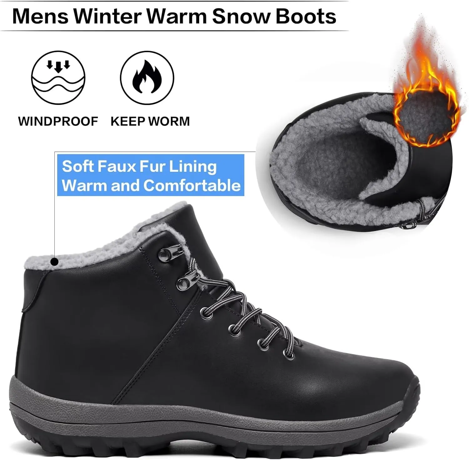 Mens Winter Warm Snow Boots Fur Lined Water Resistant Non-Slip Insulated Waterprof Winter Hiking Wrok Shoes