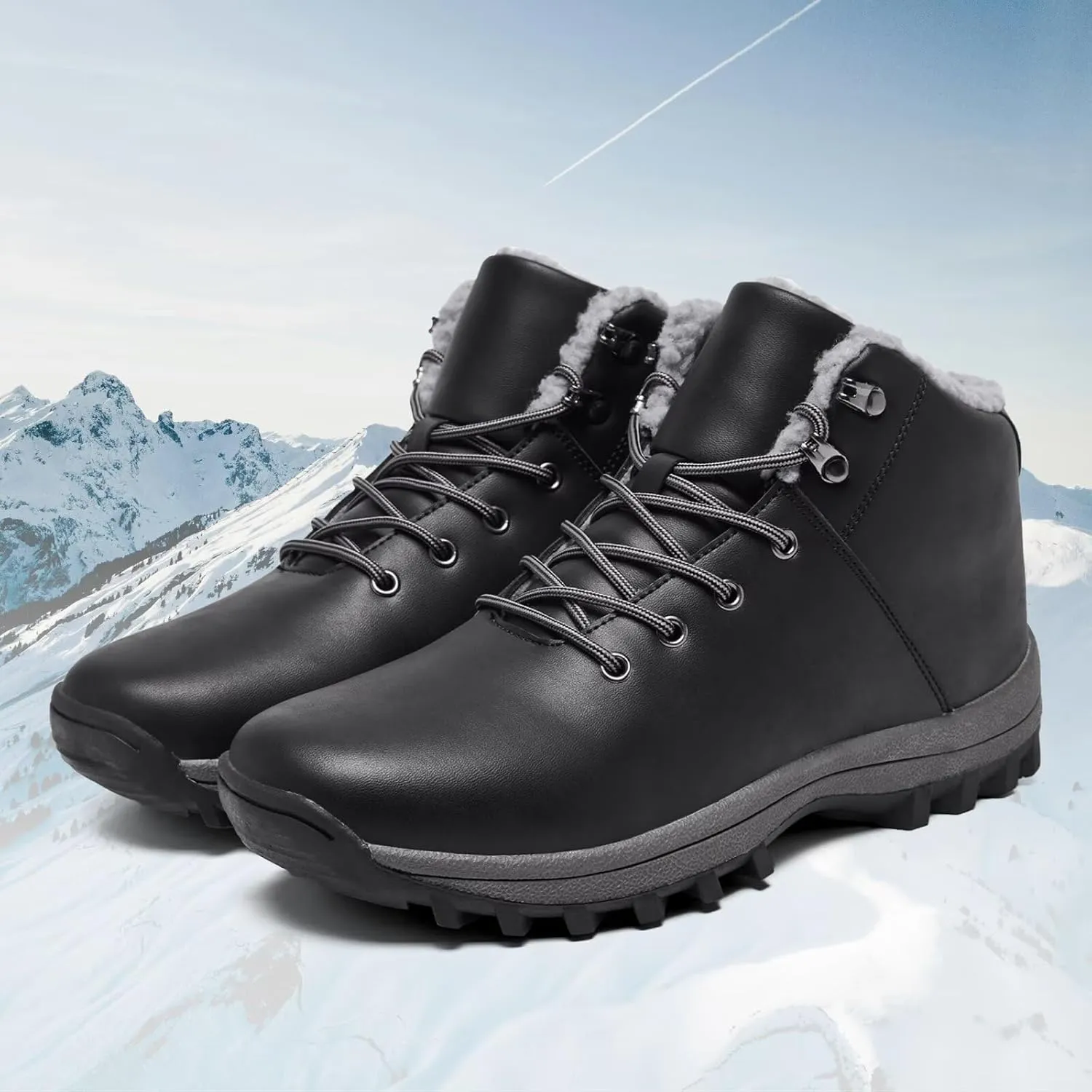 Mens Winter Warm Snow Boots Fur Lined Water Resistant Non-Slip Insulated Waterprof Winter Hiking Wrok Shoes