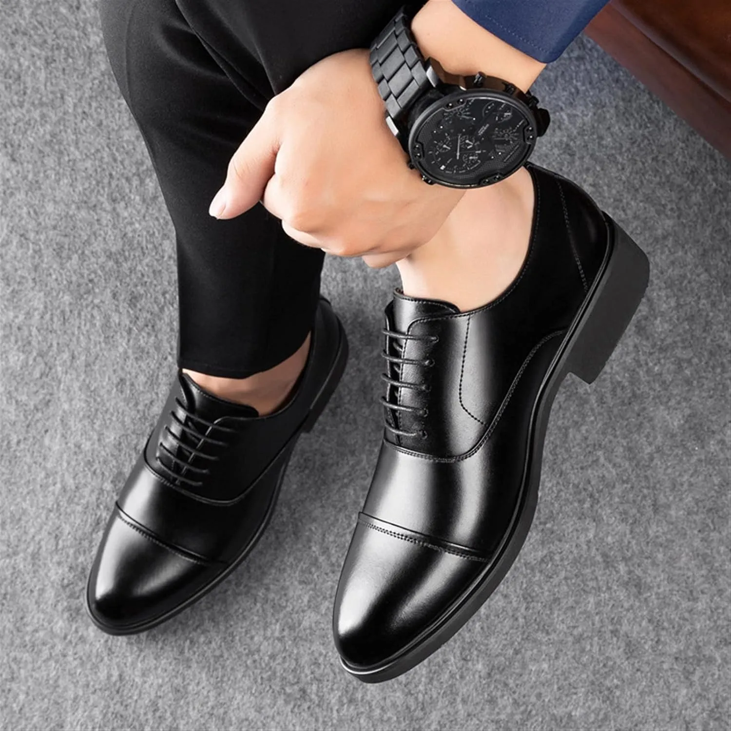 New Dress Oxford Formal Shoes for Men Lace Up Height Increasing Elevator 2.4 Inches Cap Toe Faux Leather Rubber Sole Slip Resistant Block Heel Classic