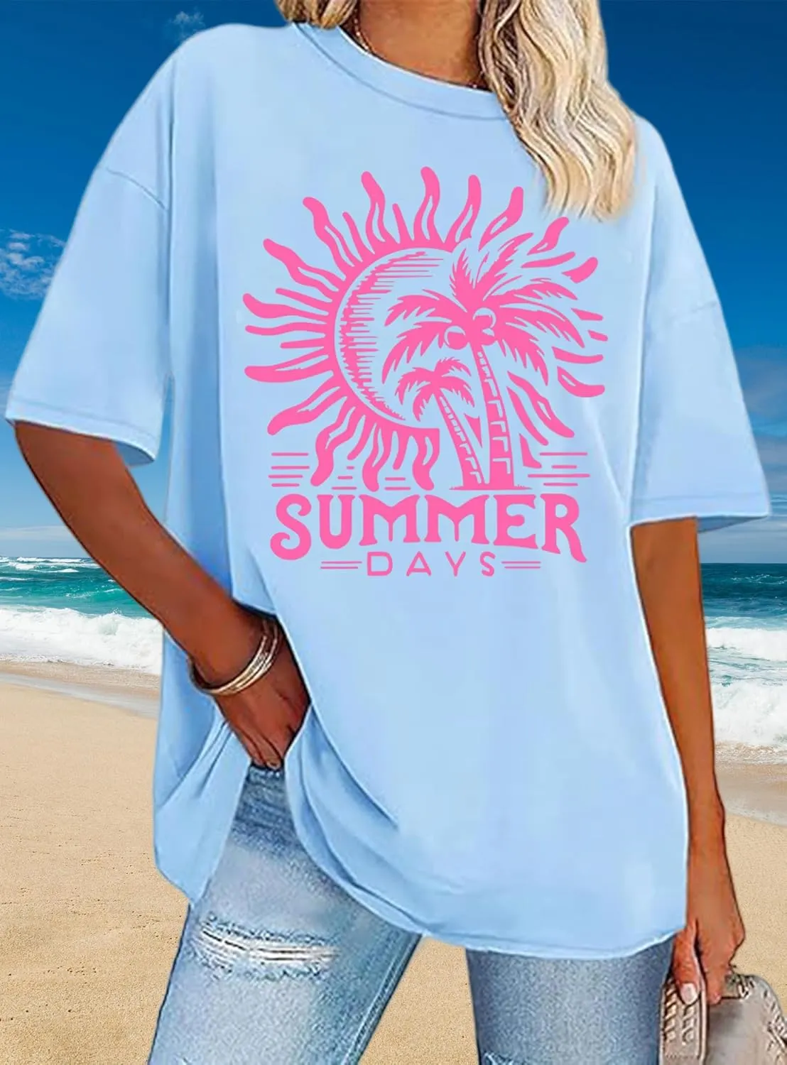 Oversized Graphic Tee Shirt for Women Summer Beach Vacation Clothes Casual Short Sleeve Loose Fit Basic T Shirt Top
