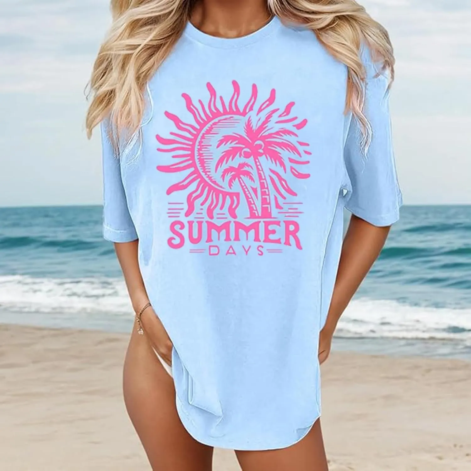 Oversized Graphic Tee Shirt for Women Summer Beach Vacation Clothes Casual Short Sleeve Loose Fit Basic T Shirt Top