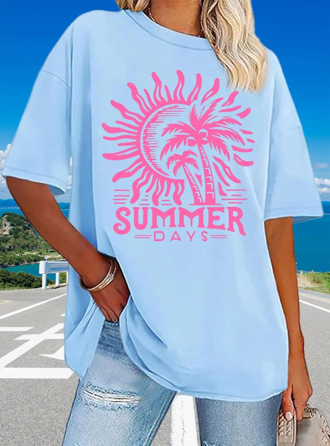Oversized Graphic Tee Shirt for Women Summer Beach Vacation Clothes Casual Short Sleeve Loose Fit Basic T Shirt Top