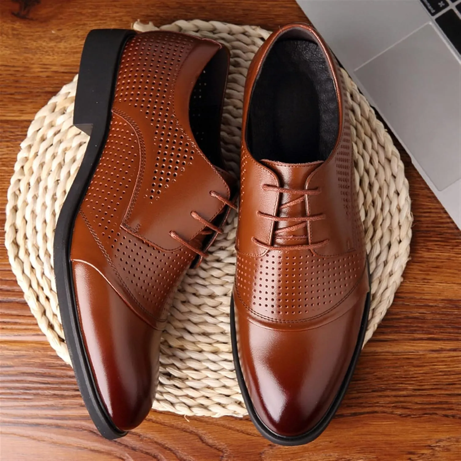Single Season Dress Oxford Formal Shoes for Men Lace Up Burnished Cap Toe Height Increasing Elevator 2.3inch Leather Anti-Slip Low Top Non Slip Resistant Business Very Popular Among Young