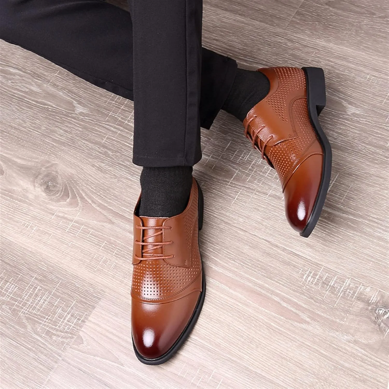 Single Season Dress Oxford Formal Shoes for Men Lace Up Burnished Cap Toe Height Increasing Elevator 2.3inch Leather Anti-Slip Low Top Non Slip Resistant Business Very Popular Among Young