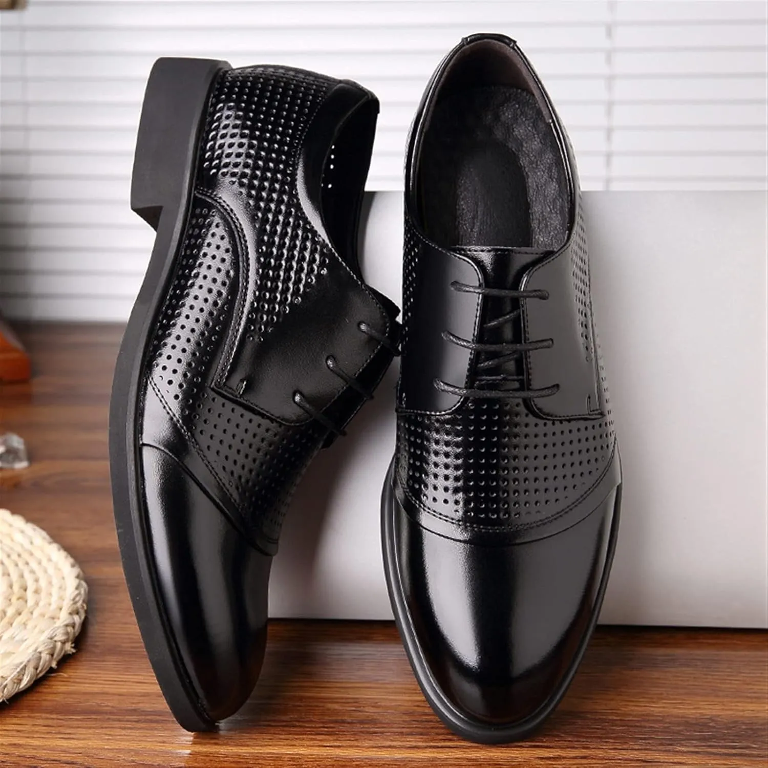 Single Season Dress Oxford Formal Shoes for Men Lace Up Burnished Cap Toe Height Increasing Elevator 2.3inch Leather Anti-Slip Low Top Non Slip Resistant Business Very Popular Among Young