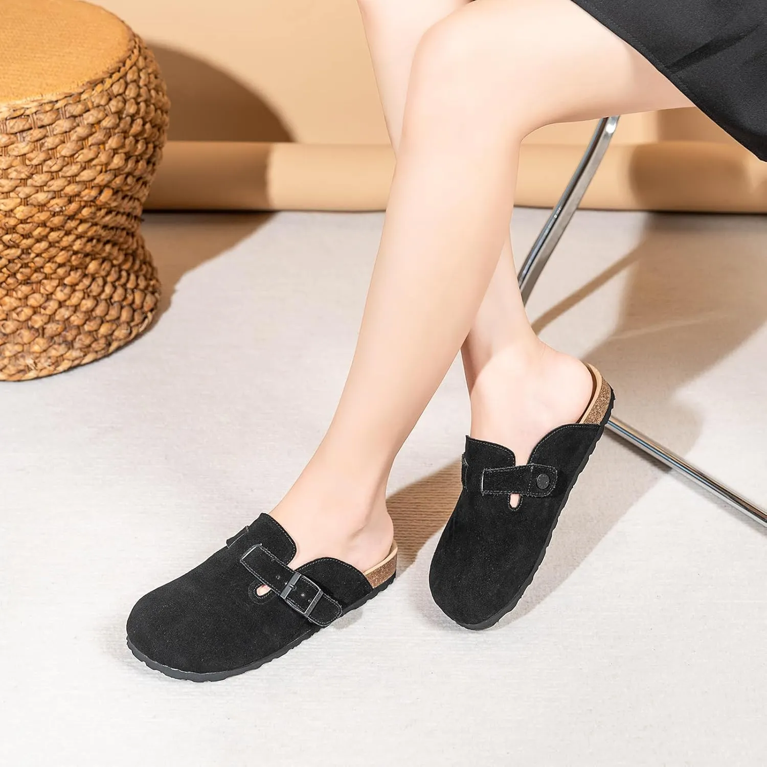 Unixsex Cork Suede Clogs and Mules,Leather Clog Women,Suede Clog Men,Soft Leather Sandal,House Slipper,Skin-Friendly Footbed,Adjustable Buckle,Arch Support