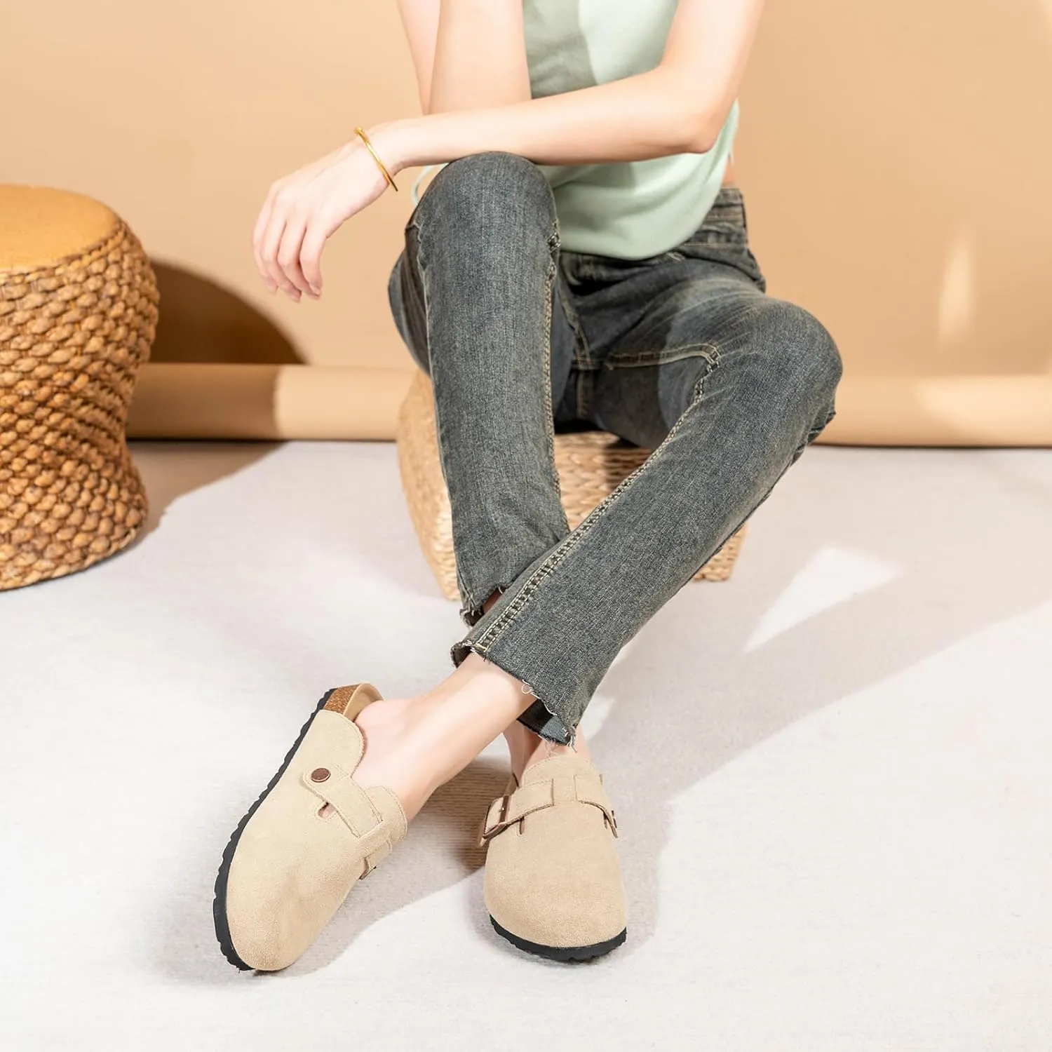Unixsex Cork Suede Clogs and Mules,Leather Clog Women,Suede Clog Men,Soft Leather Sandal,House Slipper,Skin-Friendly Footbed,Adjustable Buckle,Arch Support