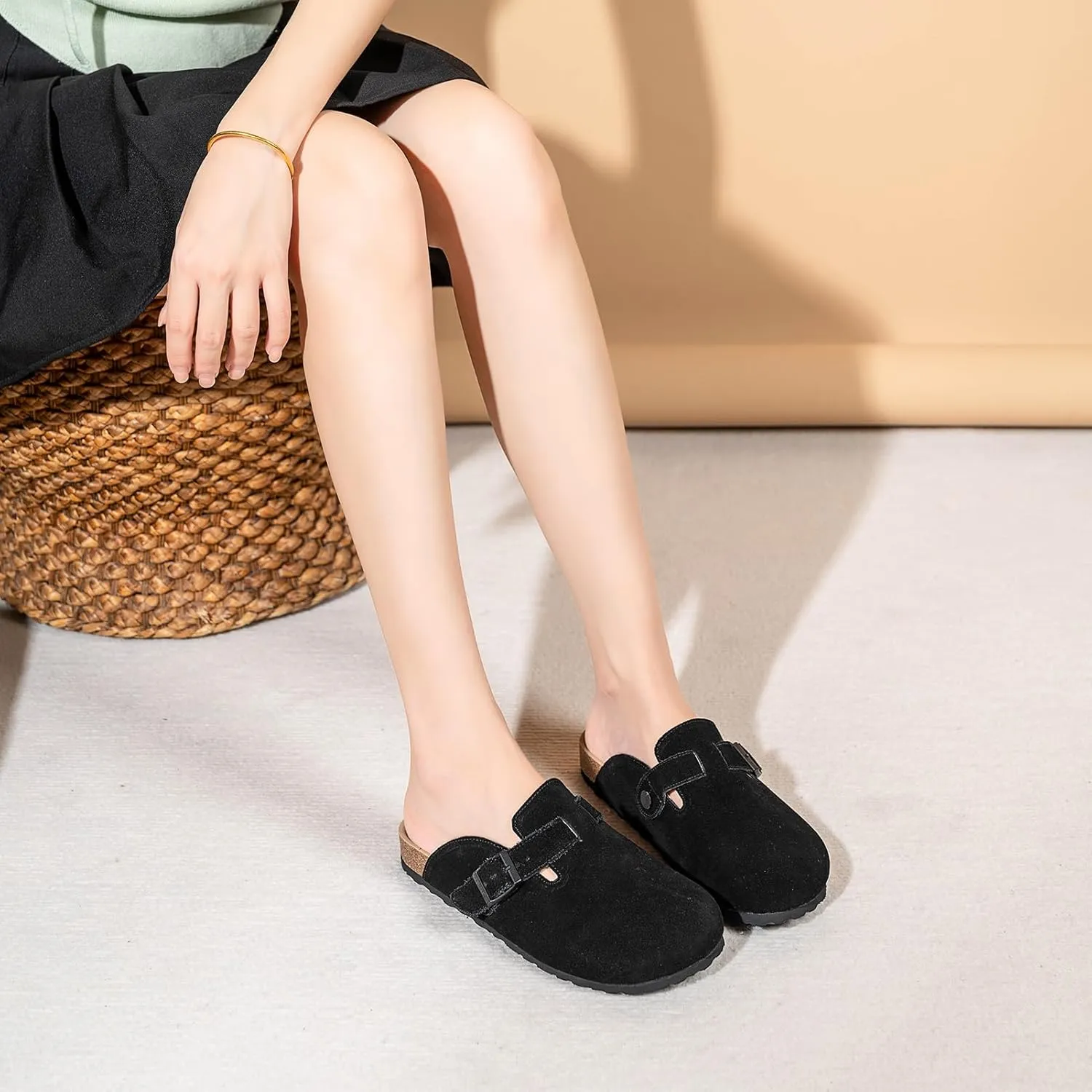 Unixsex Cork Suede Clogs and Mules,Leather Clog Women,Suede Clog Men,Soft Leather Sandal,House Slipper,Skin-Friendly Footbed,Adjustable Buckle,Arch Support