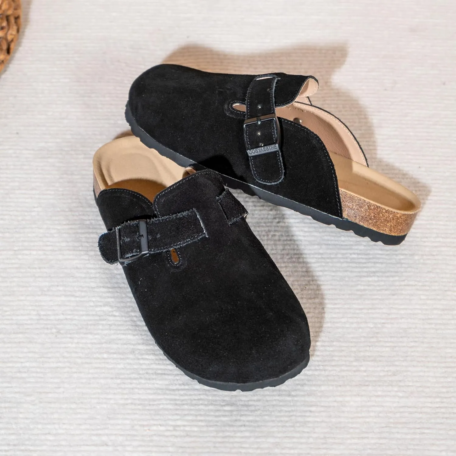 Unixsex Cork Suede Clogs and Mules,Leather Clog Women,Suede Clog Men,Soft Leather Sandal,House Slipper,Skin-Friendly Footbed,Adjustable Buckle,Arch Support