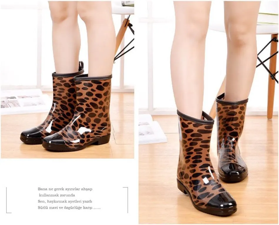 Women Half Calf Rubber Rainboots Leopard gerbera Red Floral Printed Waterproof Rubber Garden rain footwear